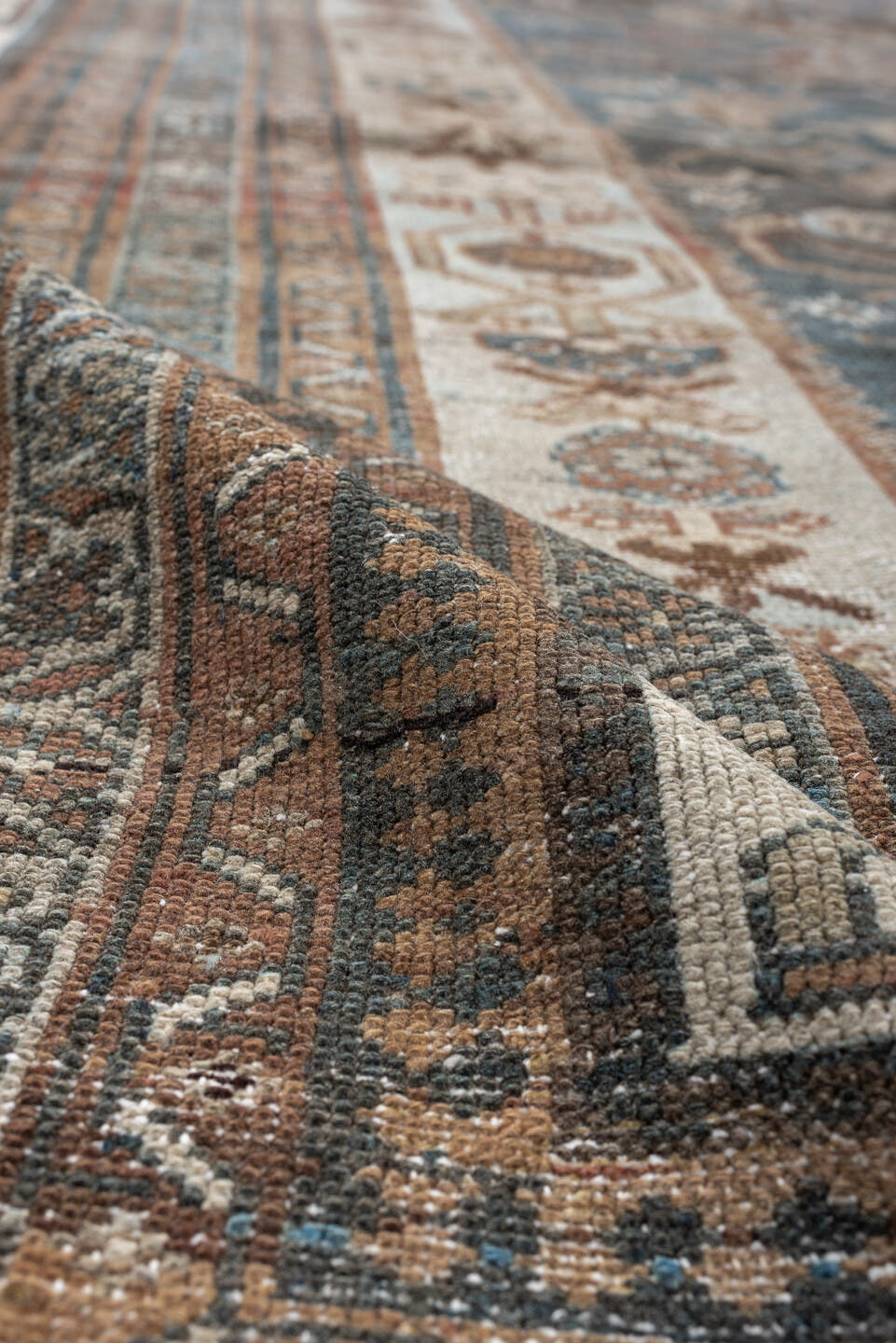 12' x 20' one-of-a-kind handmade antique Malayer oversize rug. Color palette: blue, ivory, taupe, rust, charcoal, camel