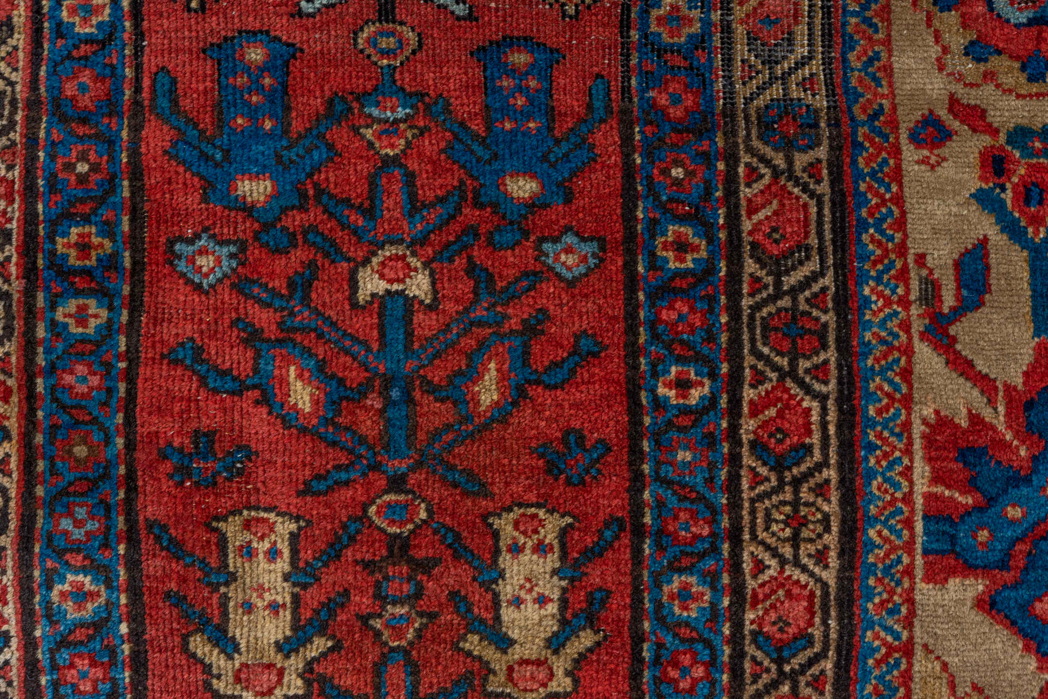 12' x 19' one-of-a-kind handmade antique Sultanabad oversize rug. Color palette: camel, rust, indigo, ivory, crimson, navy