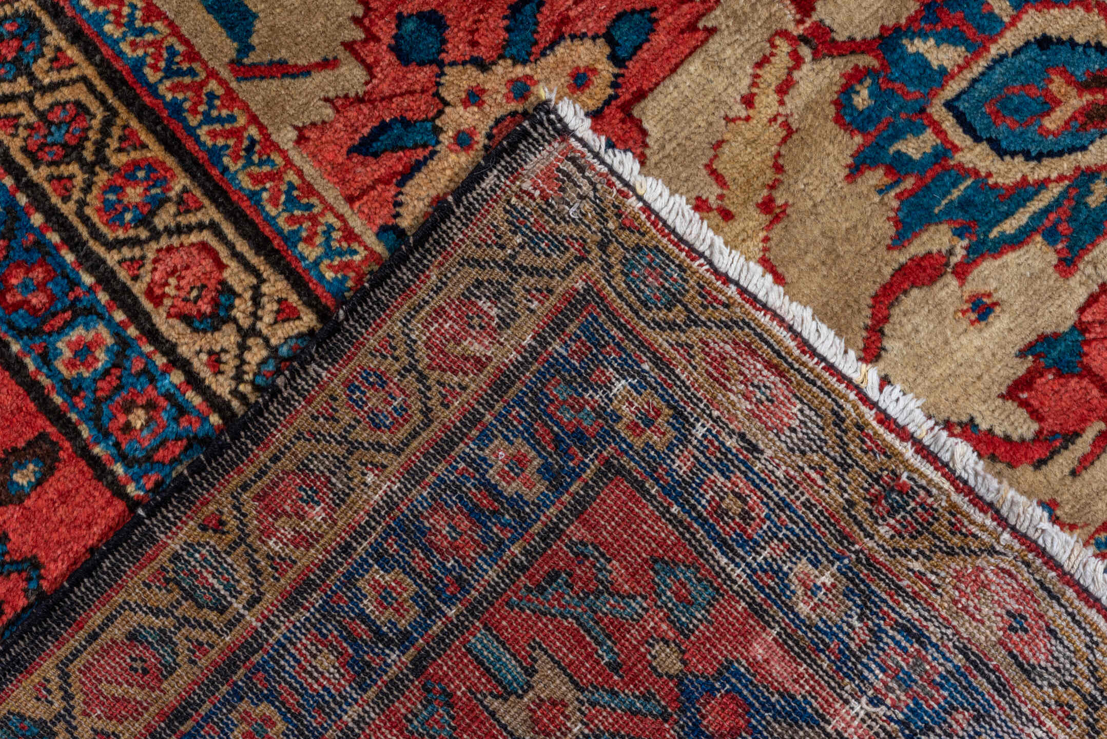12' x 19' one-of-a-kind handmade antique Sultanabad oversize rug. Color palette: camel, rust, indigo, ivory, crimson, navy