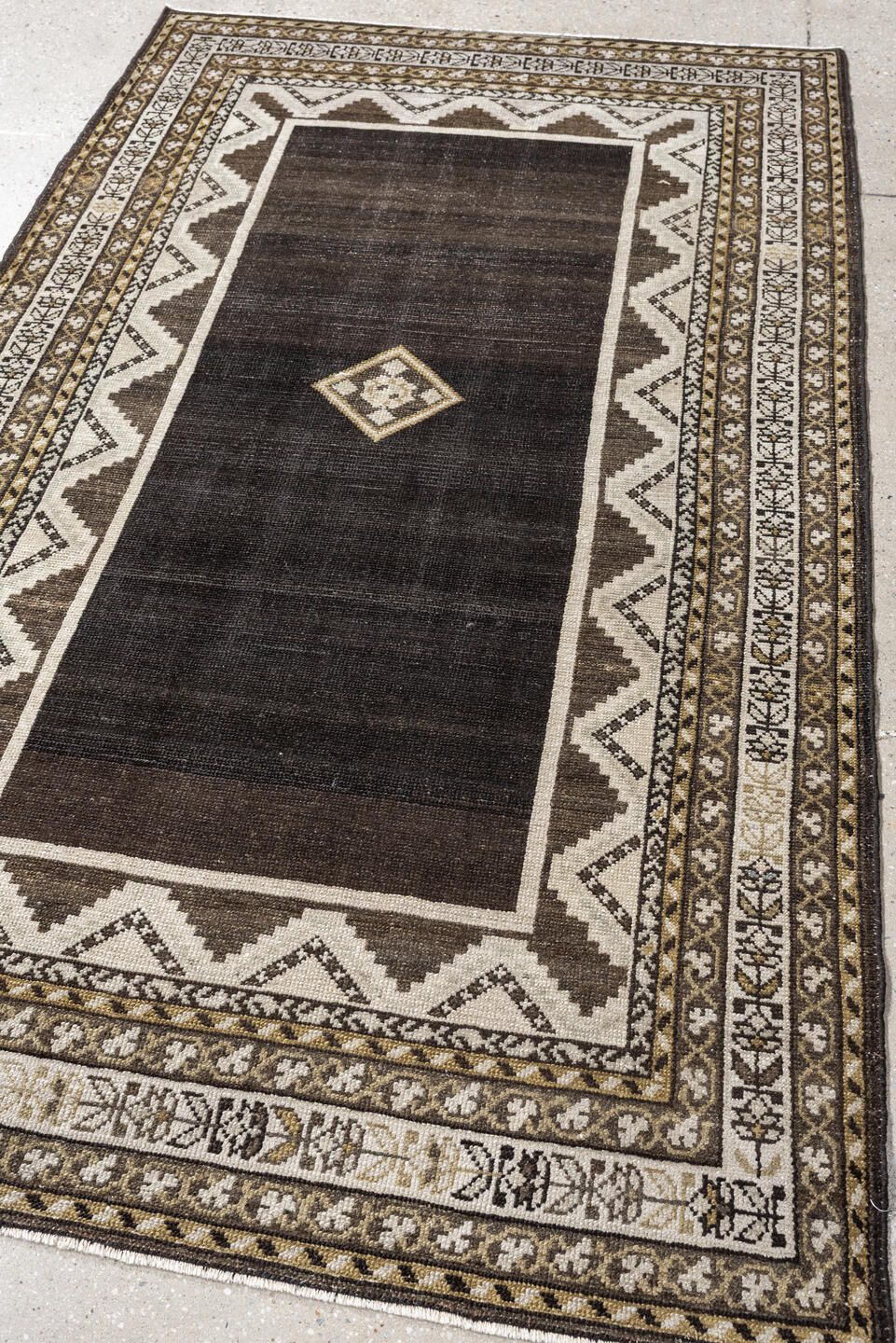 3' x 6' one-of-a-kind handmade antique Hamadan small size rug. Color palette: charcoal, ivory, taupe, olive, brown, black