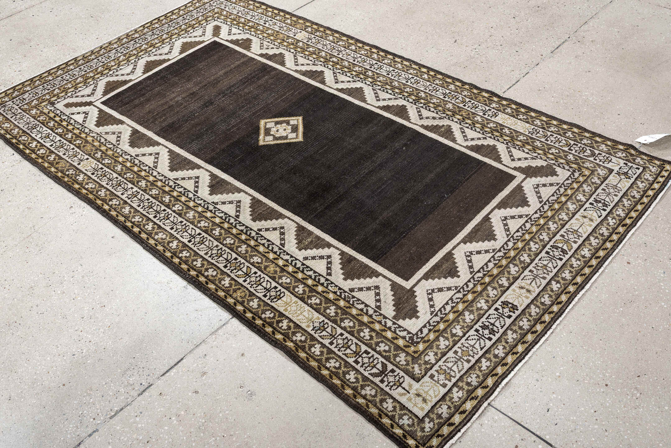 3' x 6' one-of-a-kind handmade antique Hamadan small size rug. Color palette: charcoal, ivory, taupe, olive, brown, black