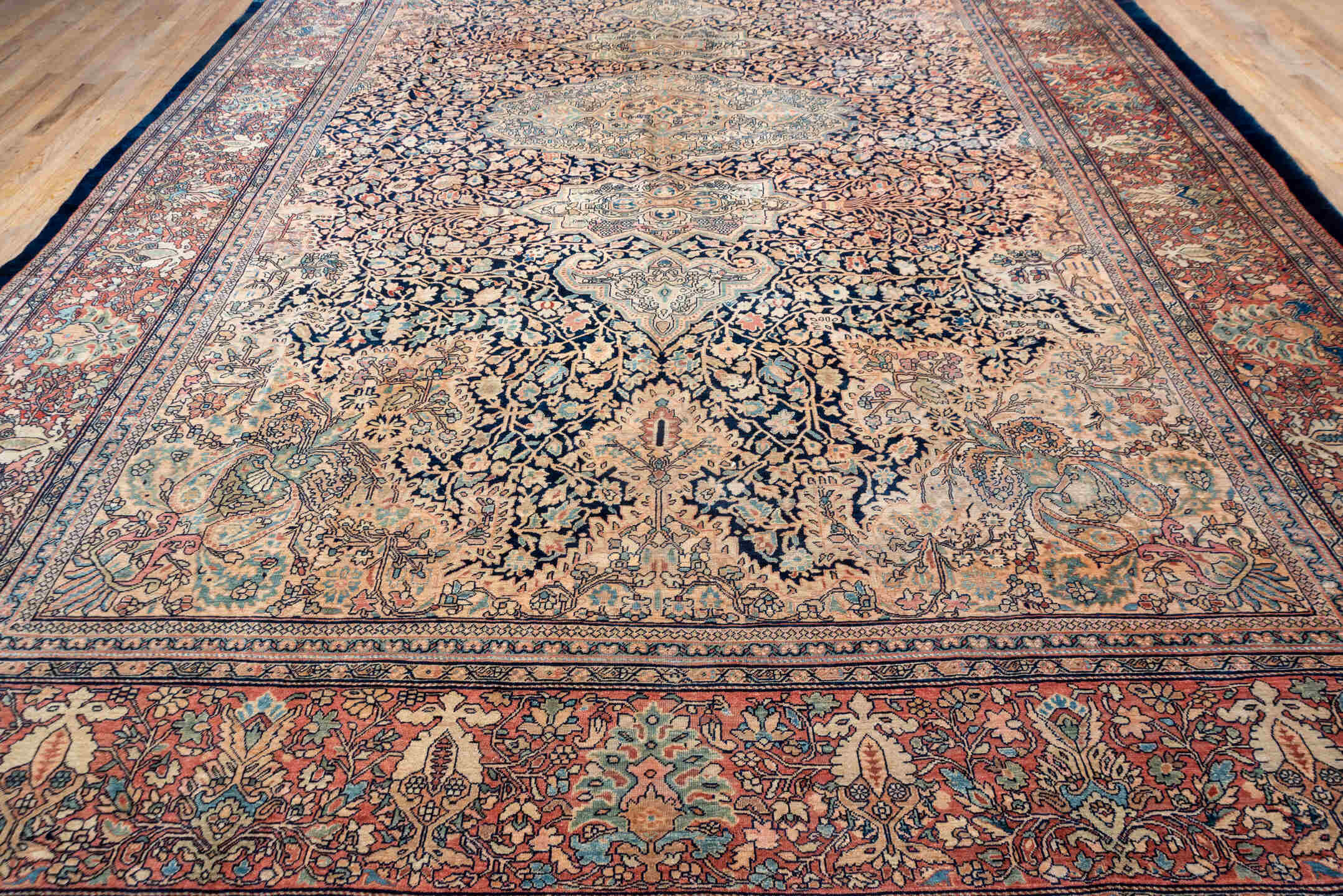 12' x 17' one-of-a-kind handmade antique Far.Sarouk oversize rug. Color palette: navy, ivory, rust, rose, slate, soft blue