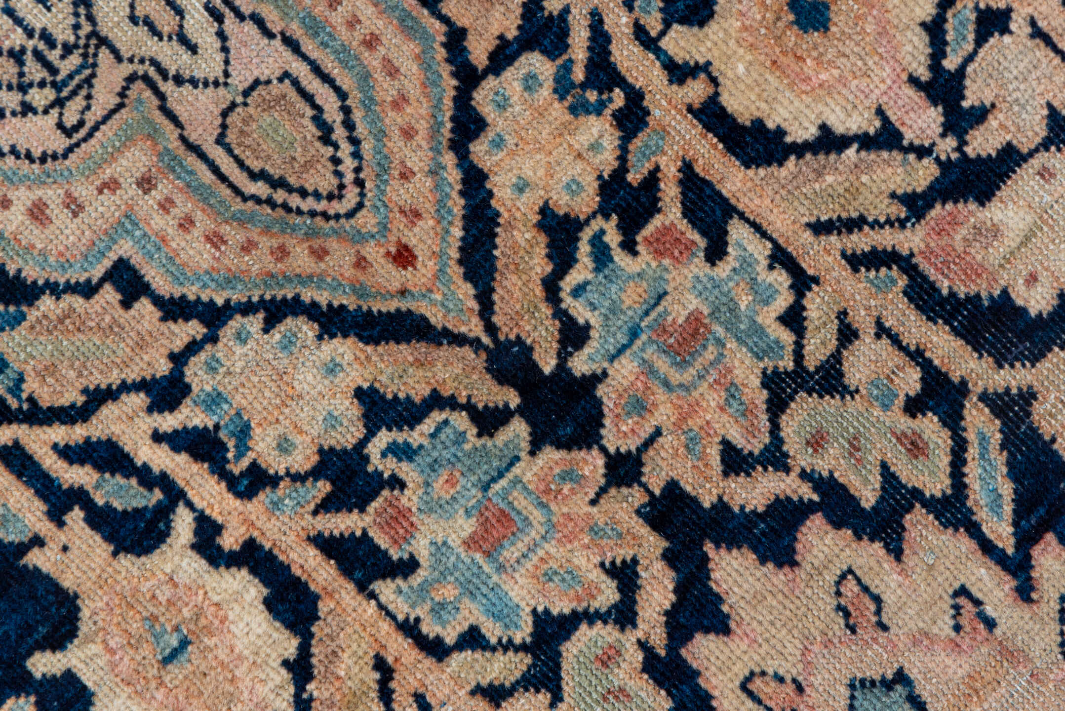 12' x 17' one-of-a-kind handmade antique Far.Sarouk oversize rug. Color palette: navy, ivory, rust, rose, slate, soft blue