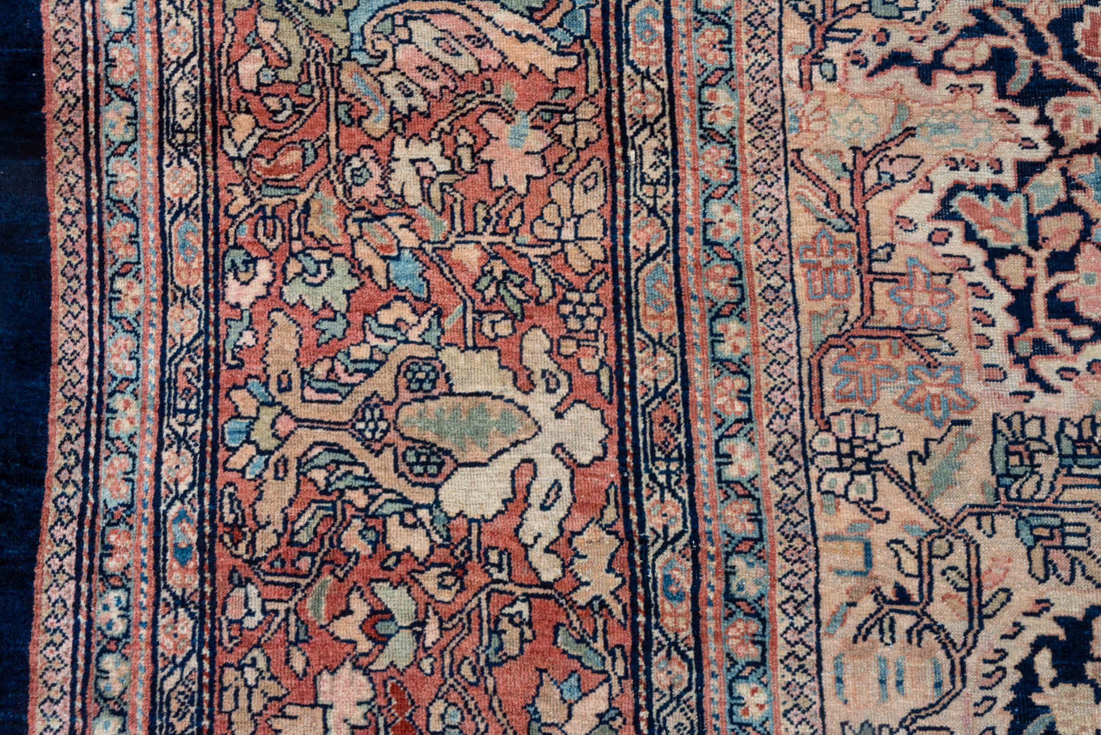12' x 17' one-of-a-kind handmade antique Far.Sarouk oversize rug. Color palette: navy, ivory, rust, rose, slate, soft blue
