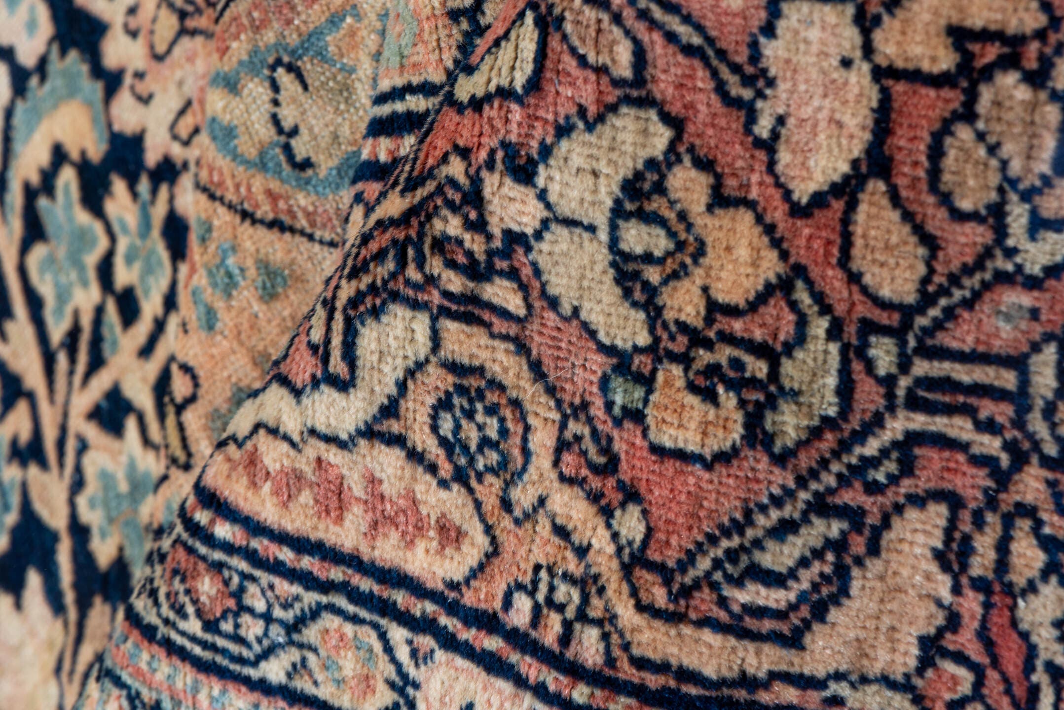 12' x 17' one-of-a-kind handmade antique Far.Sarouk oversize rug. Color palette: navy, ivory, rust, rose, slate, soft blue