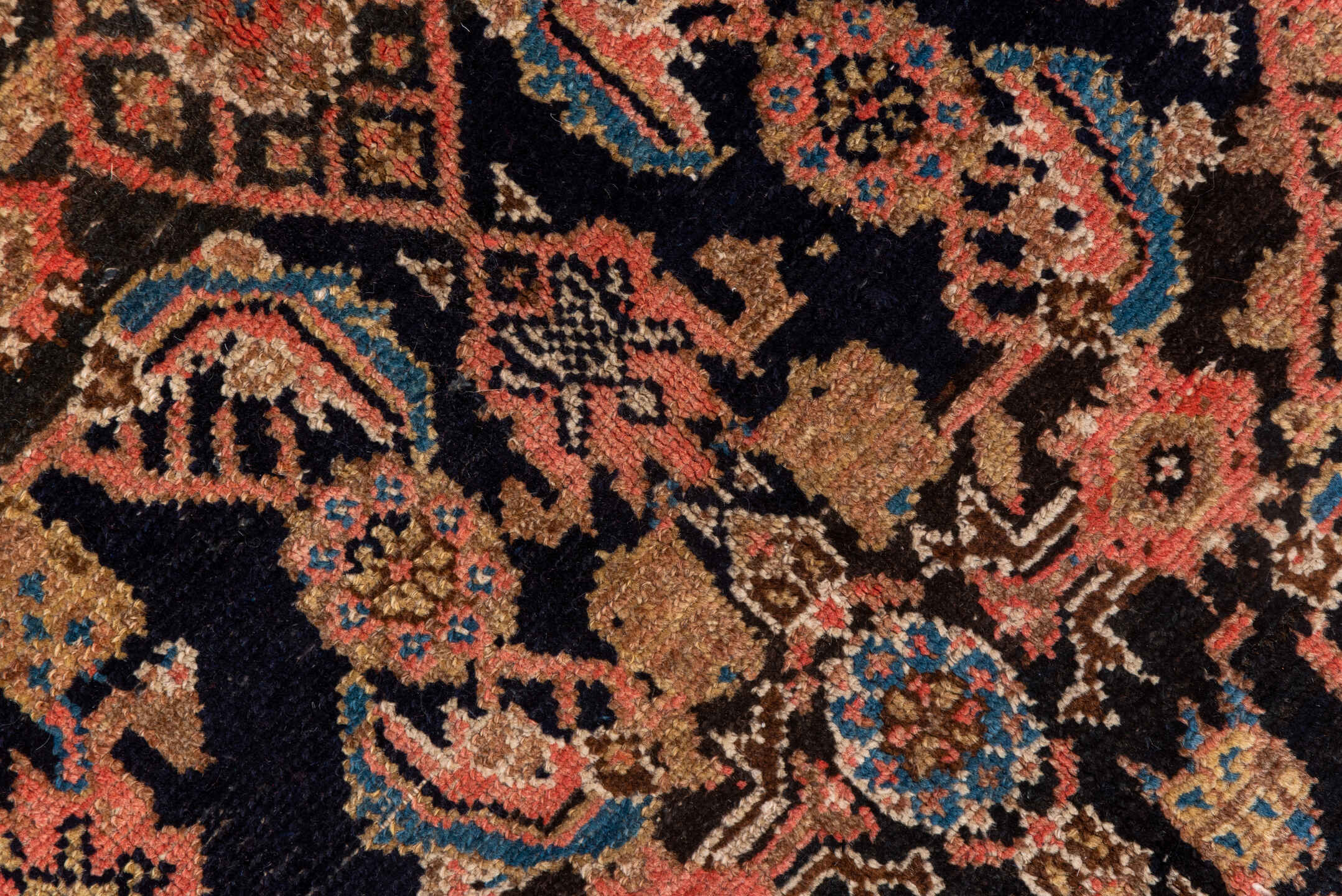 4' x 10' one-of-a-kind handmade antique Malayer runner rug. Color palette: navy, rust, camel, coral, ivory, slate