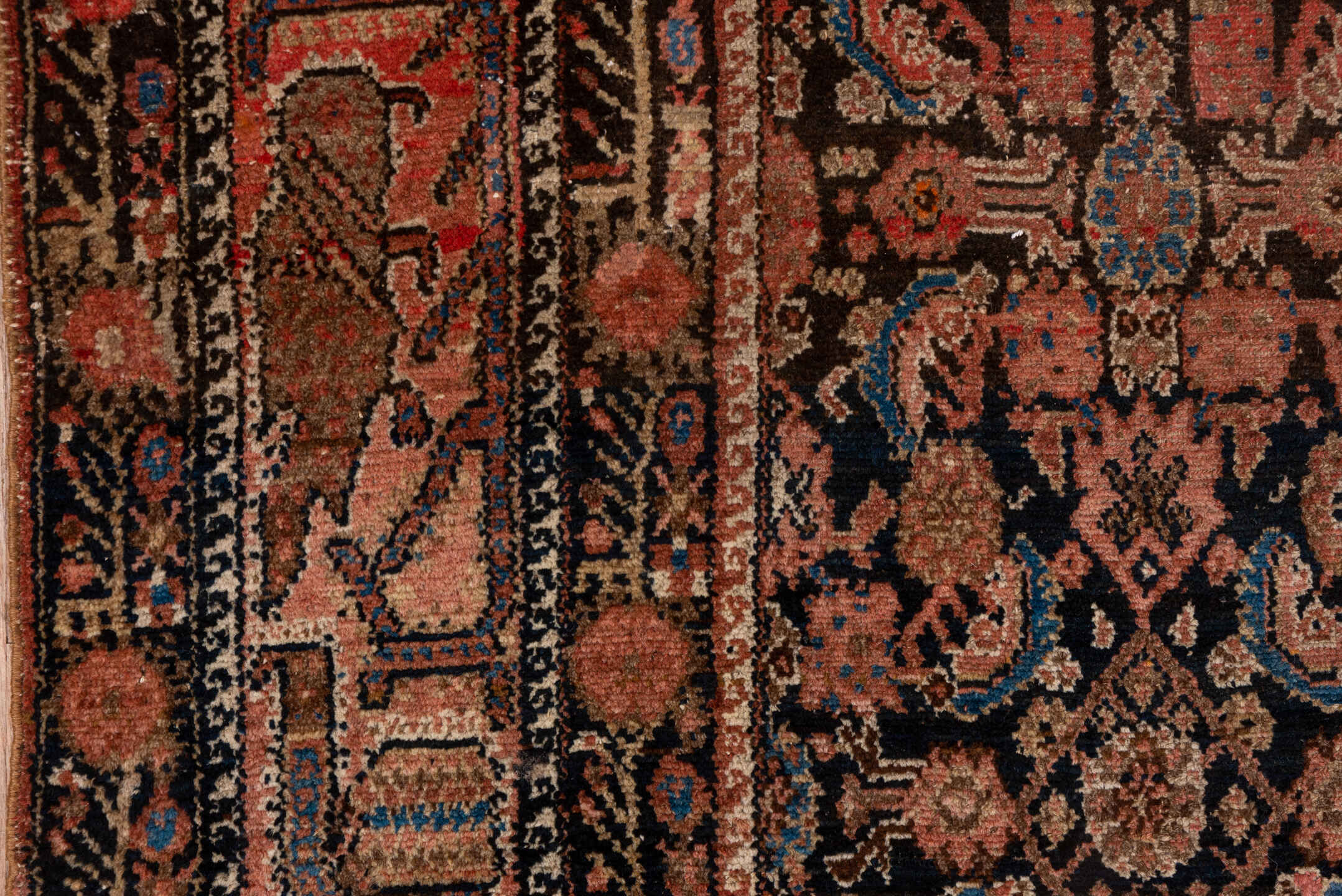 4' x 10' one-of-a-kind handmade vintage Malayer runner rug. Color palette: black, blue, brown, charcoal, gray, pink, red