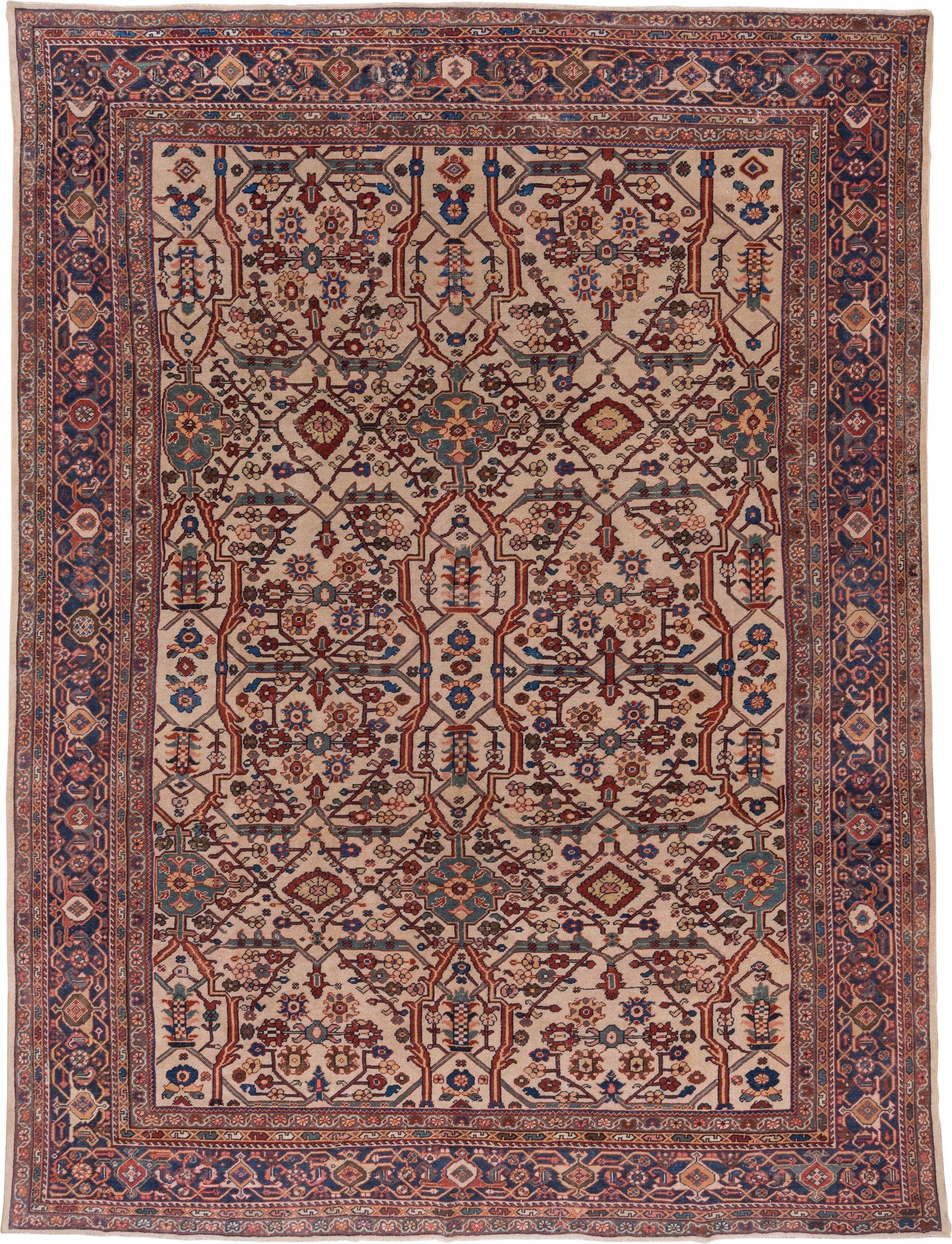 10' x 13' one-of-a-kind handmade antique Sultanabad large size rug. Color palette: ivory, navy, rust, soft blue, camel