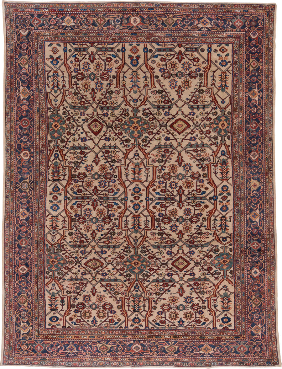 10' x 13' one-of-a-kind handmade antique Sultanabad large size rug. Color palette: ivory, navy, rust, soft blue, camel