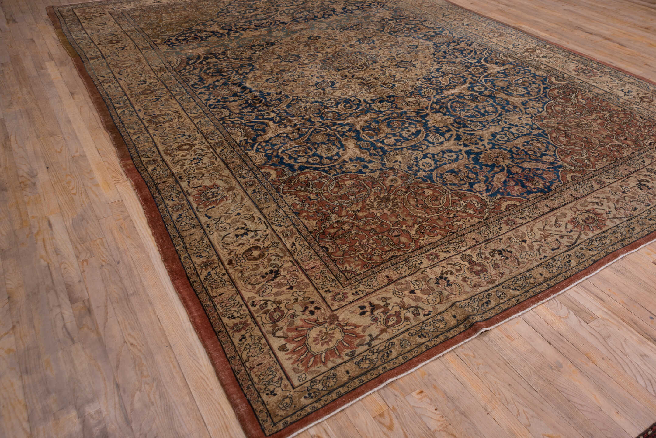 10' x 14' one-of-a-kind handmade antique Tabriz rug. Color palette: ivory, navy, terra cotta, beige, camel, slate, taupe