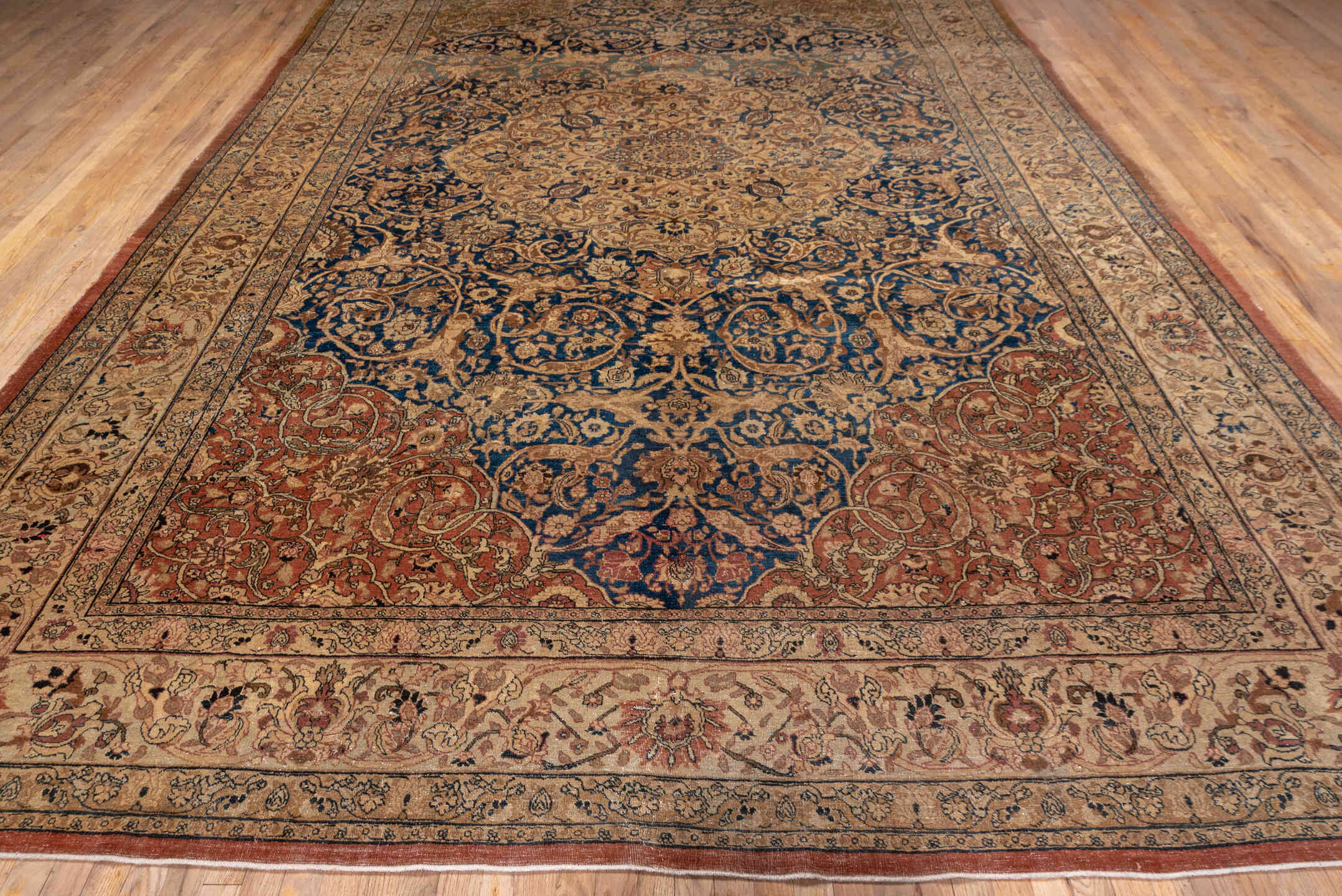 10' x 14' one-of-a-kind handmade antique Tabriz rug. Color palette: ivory, navy, terra cotta, beige, camel, slate, taupe