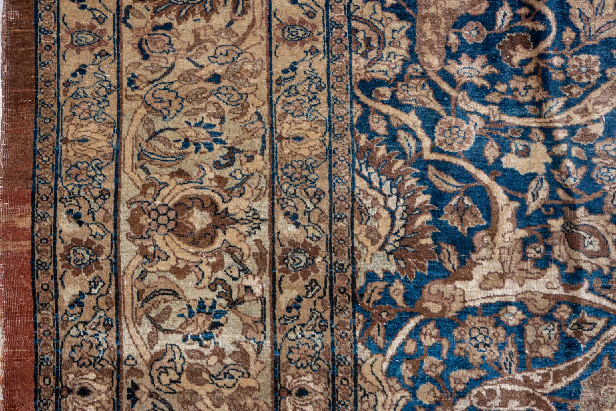 10' x 14' one-of-a-kind handmade antique Tabriz rug. Color palette: ivory, navy, terra cotta, beige, camel, slate, taupe