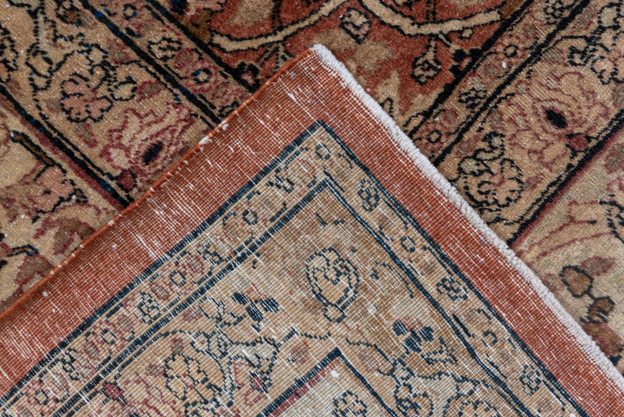 10' x 14' one-of-a-kind handmade antique Tabriz rug. Color palette: ivory, navy, terra cotta, beige, camel, slate, taupe