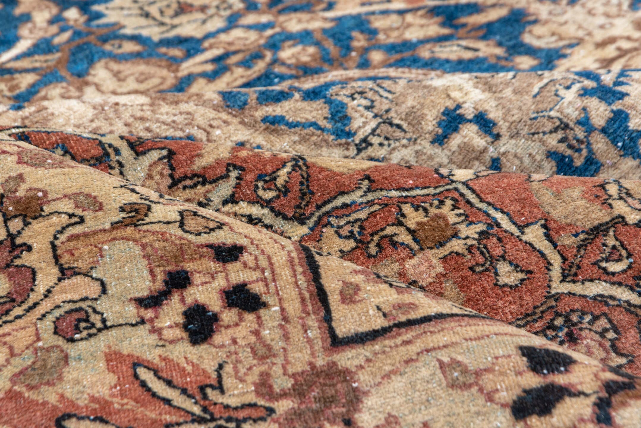 10' x 14' one-of-a-kind handmade antique Tabriz rug. Color palette: ivory, navy, terra cotta, beige, camel, slate, taupe