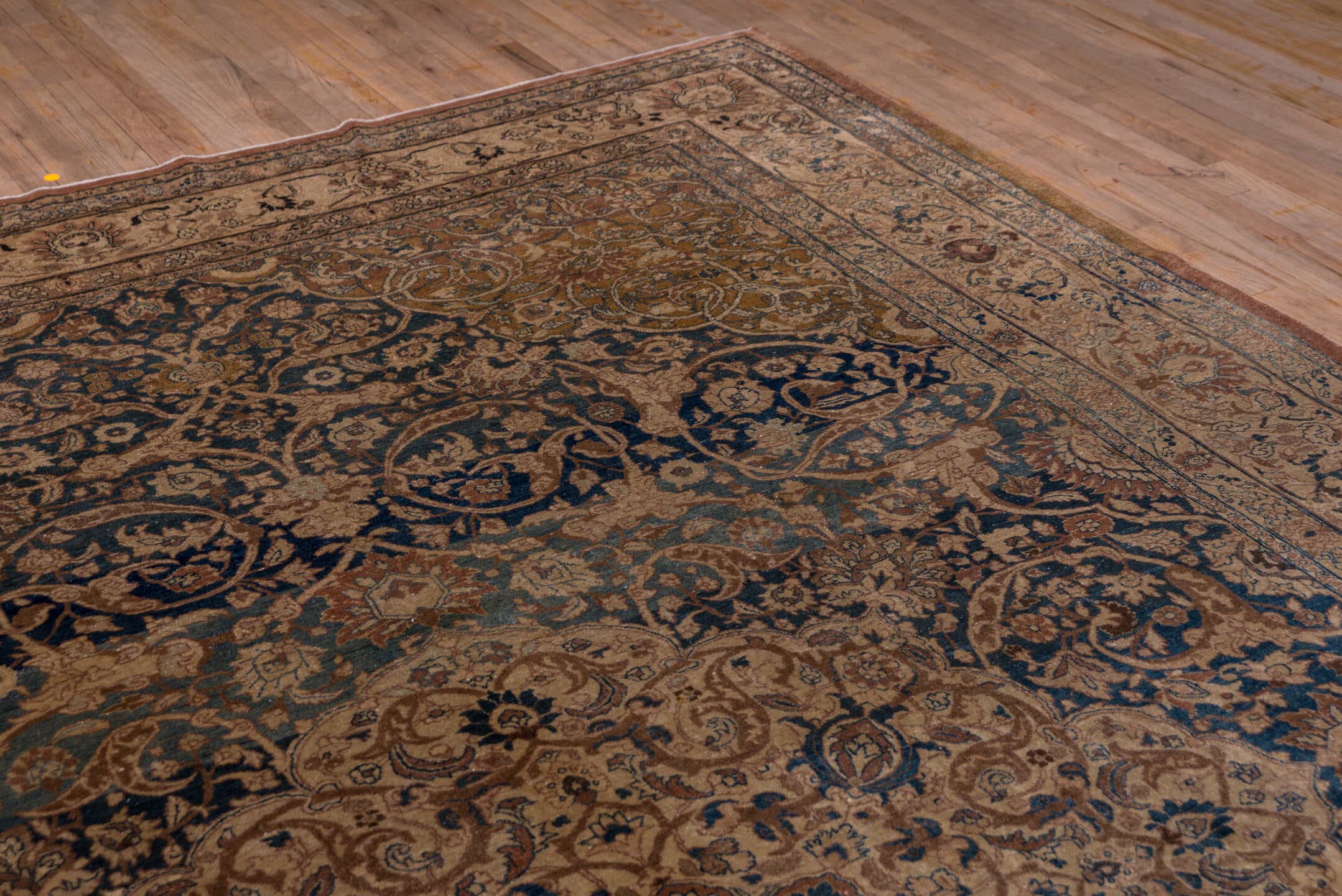10' x 14' one-of-a-kind handmade antique Tabriz rug. Color palette: ivory, navy, terra cotta, beige, camel, slate, taupe