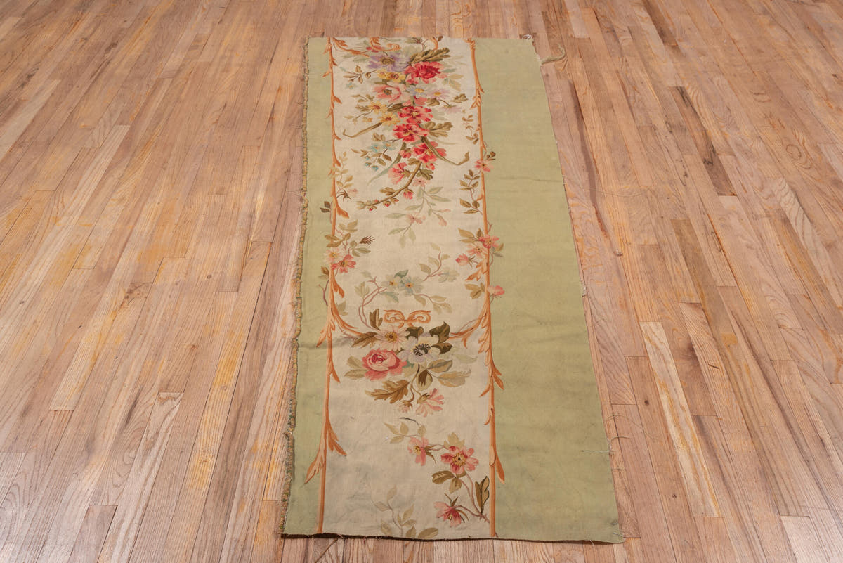 2' x 7' one-of-a-kind handmade antique Aubusson runner rug. Color palette: sage, ivory, rose, coral, gold, taupe, lavender