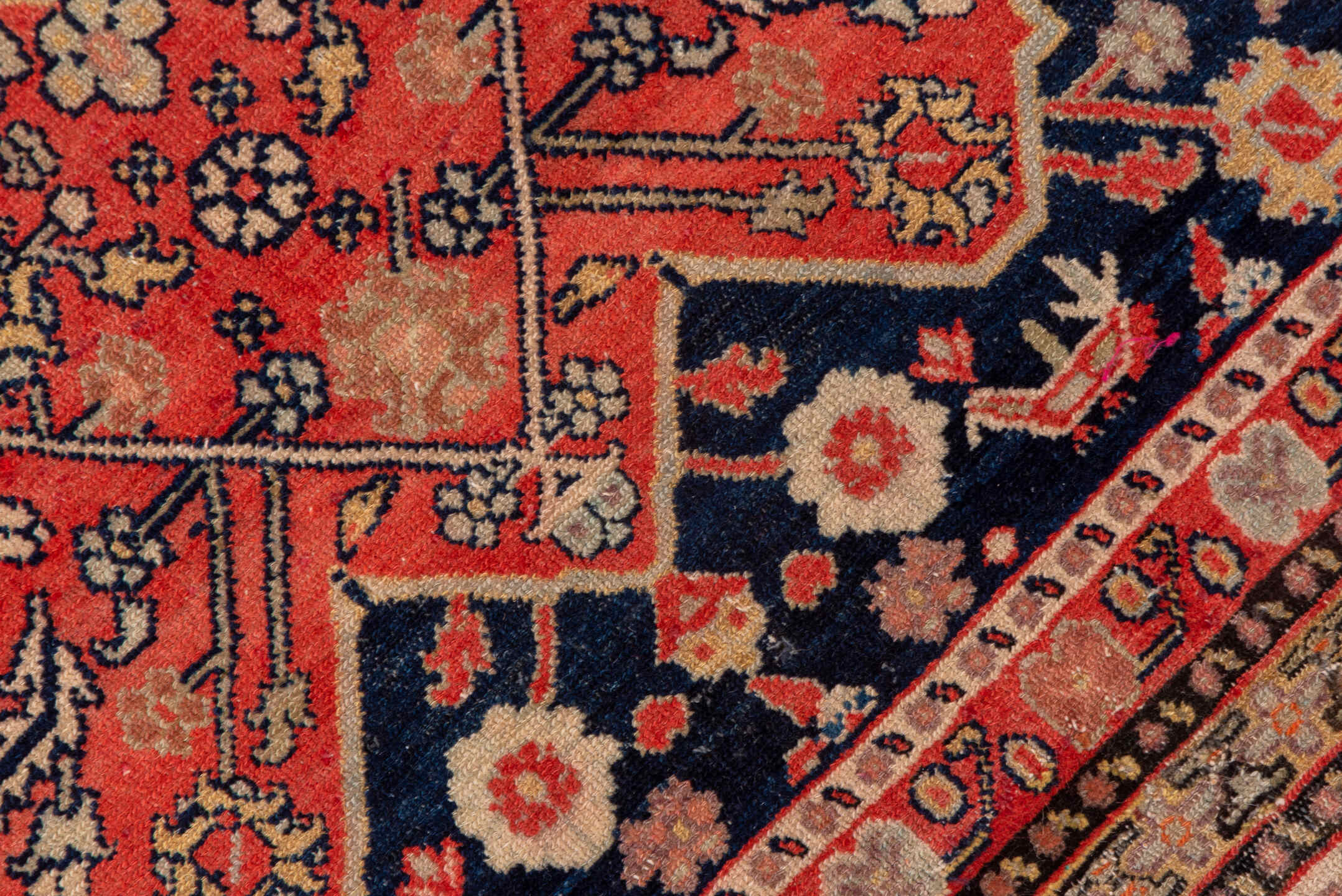 5' x 7' one-of-a-kind handmade antique Senne rug. Color palette: brick red, navy, ivory, rust, camel, charcoal, rose, taupe