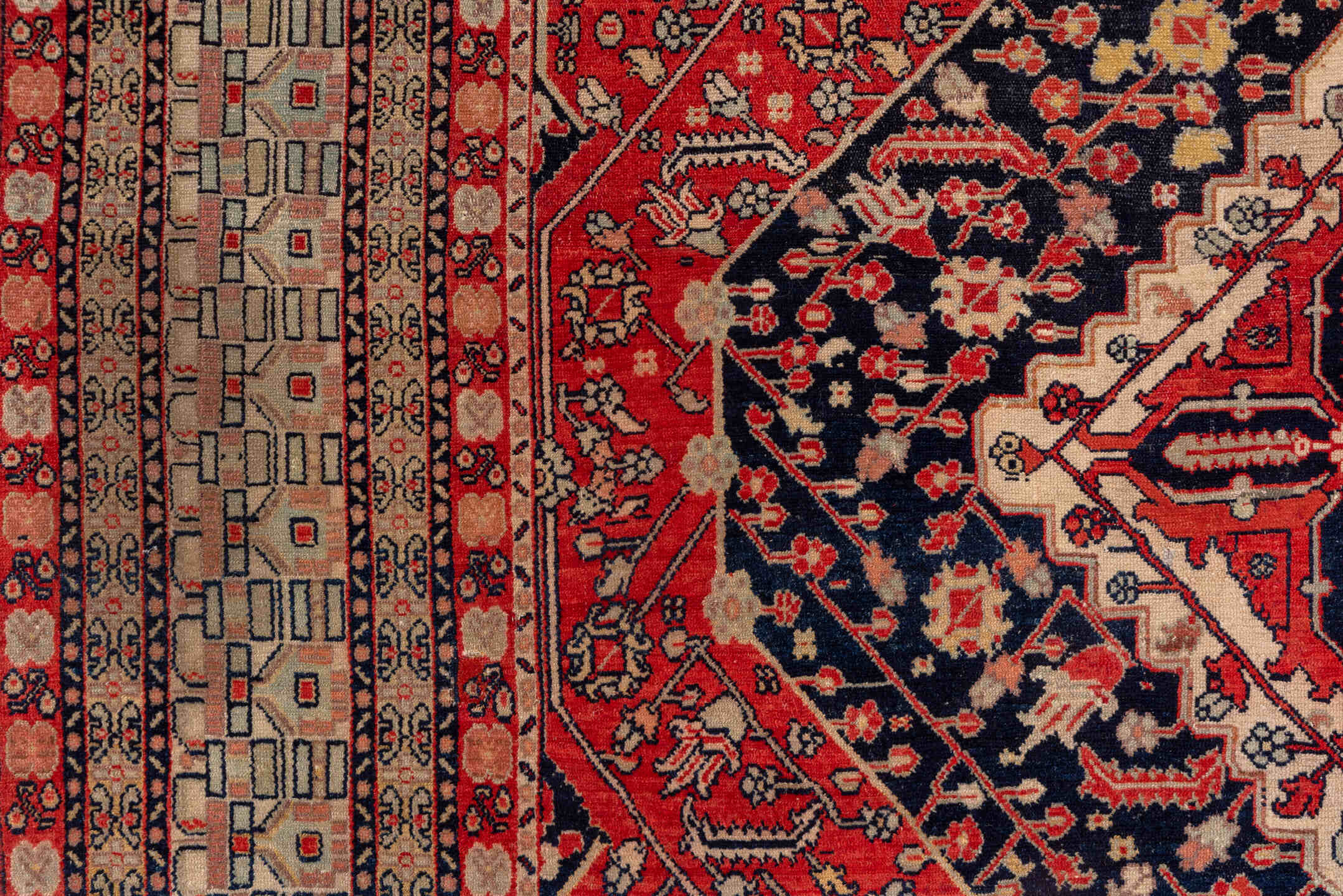 5' x 7' one-of-a-kind handmade antique Senne rug. Color palette: brick red, navy, ivory, rust, camel, charcoal, rose, taupe