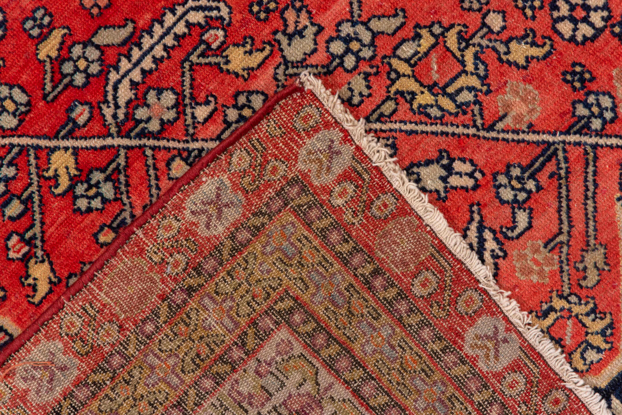 5' x 7' one-of-a-kind handmade antique Senne rug. Color palette: brick red, navy, ivory, rust, camel, charcoal, rose, taupe