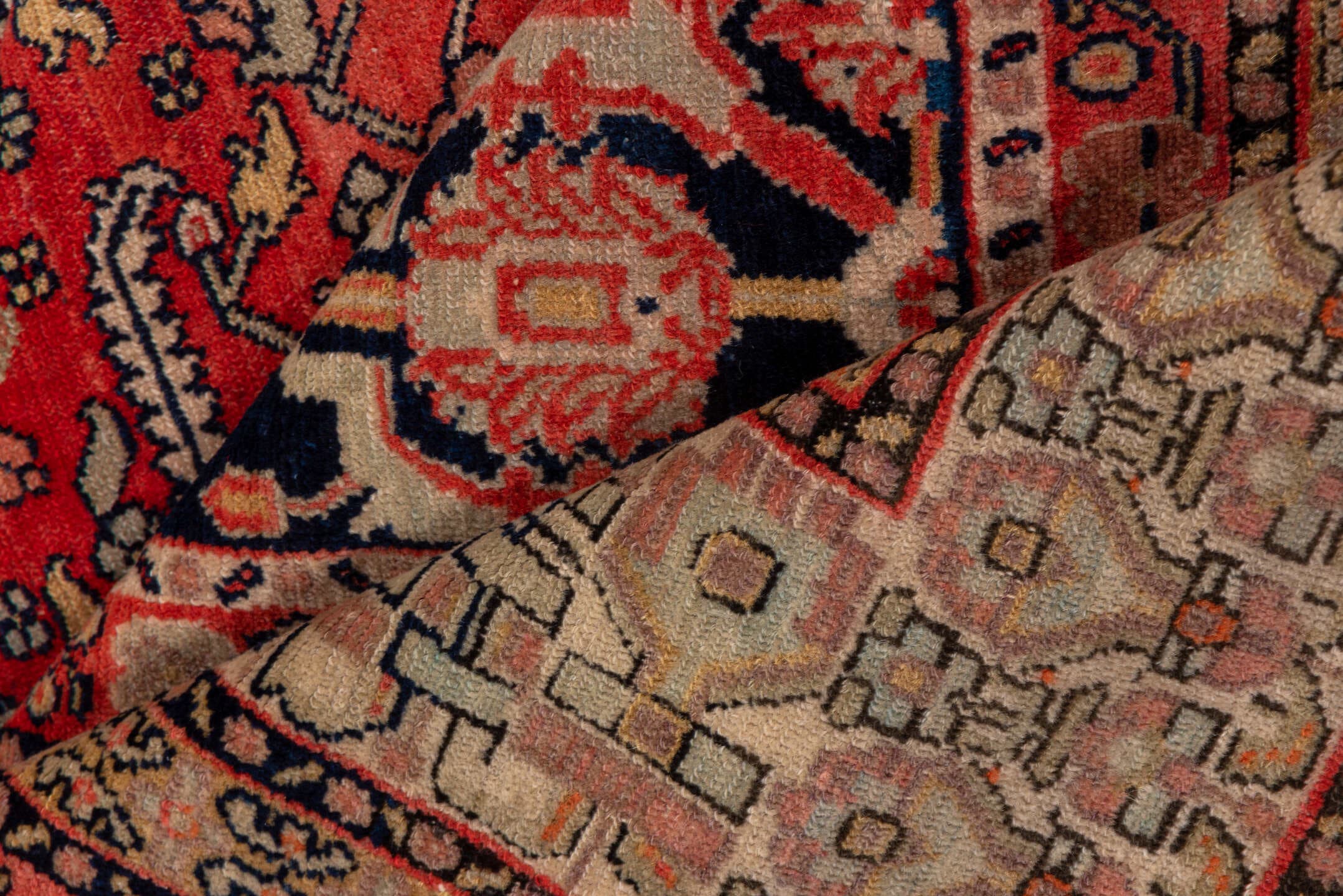 5' x 7' one-of-a-kind handmade antique Senne rug. Color palette: brick red, navy, ivory, rust, camel, charcoal, rose, taupe