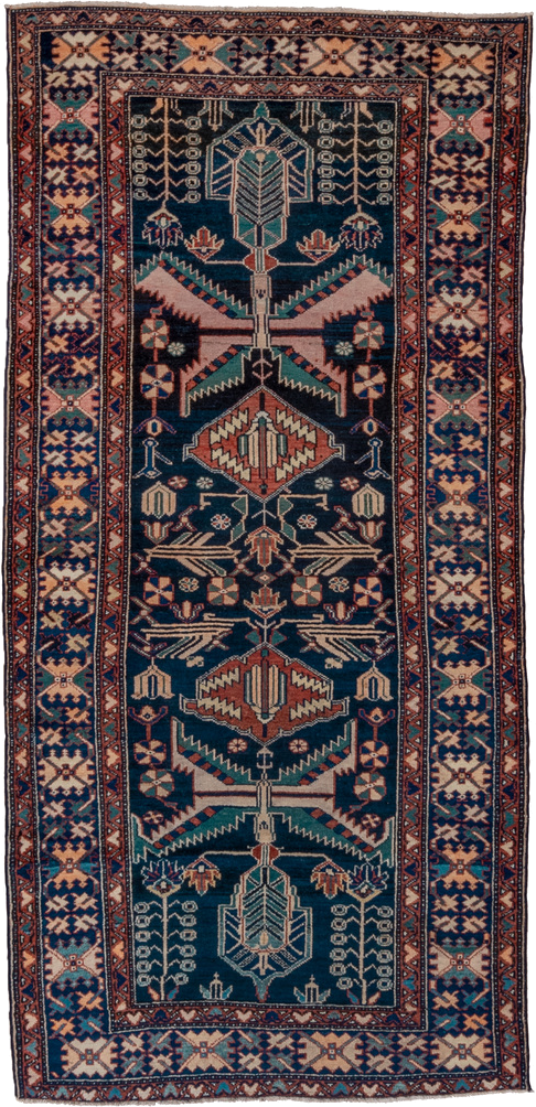 3' x 7' one-of-a-kind handmade vintage Malayer runner rug. Color palette: navy, ivory, rust, teal, camel, crimson, charcoal