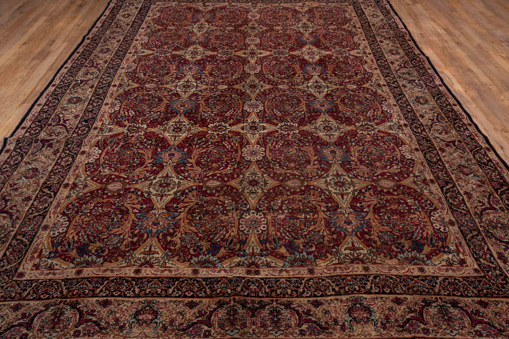 8' x 12' one-of-a-kind handmade antique Lavar large size rug. Color palette: rust, ivory, navy, rose, camel, sienna, slate