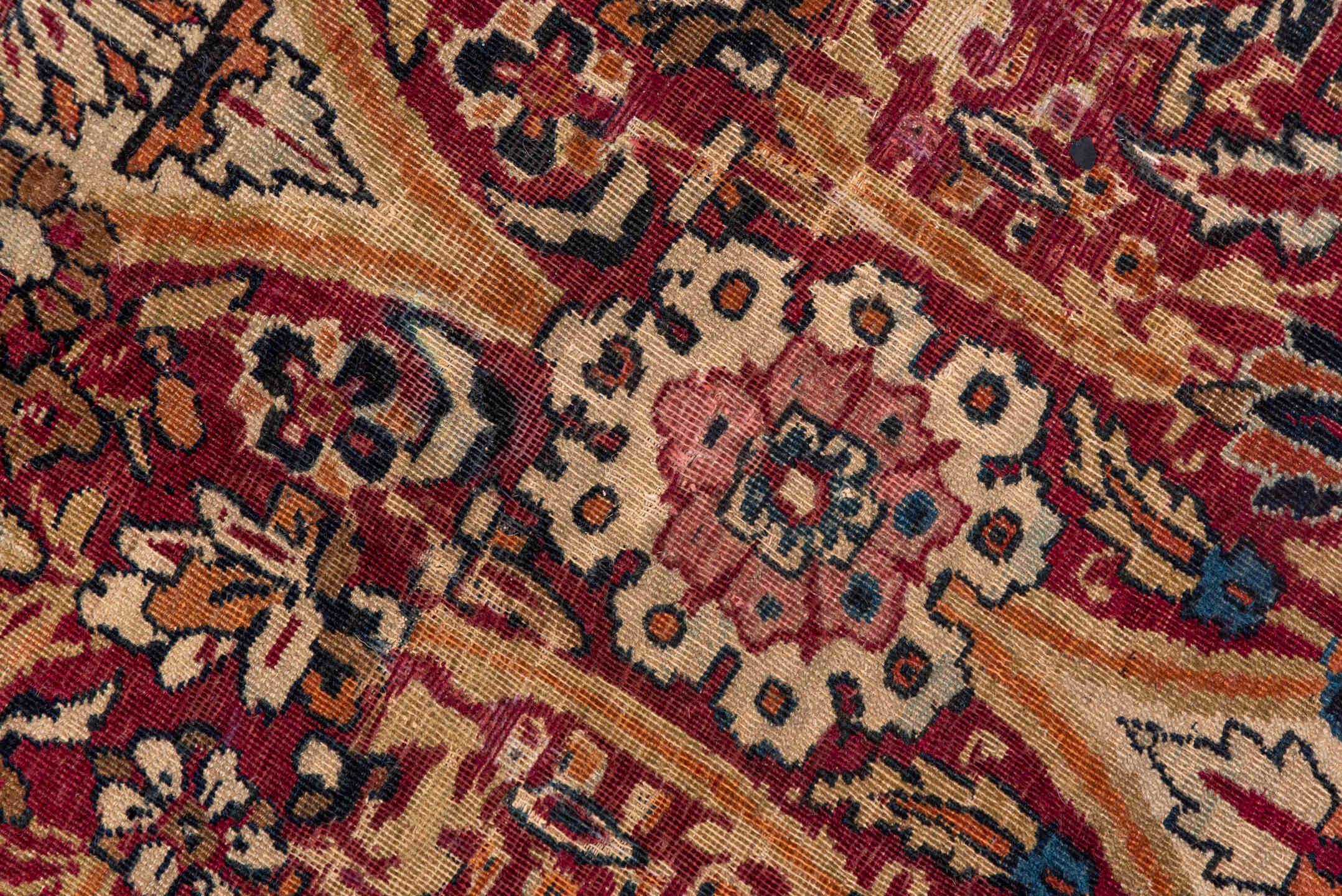 8' x 12' one-of-a-kind handmade antique Lavar large size rug. Color palette: rust, ivory, navy, rose, camel, sienna, slate