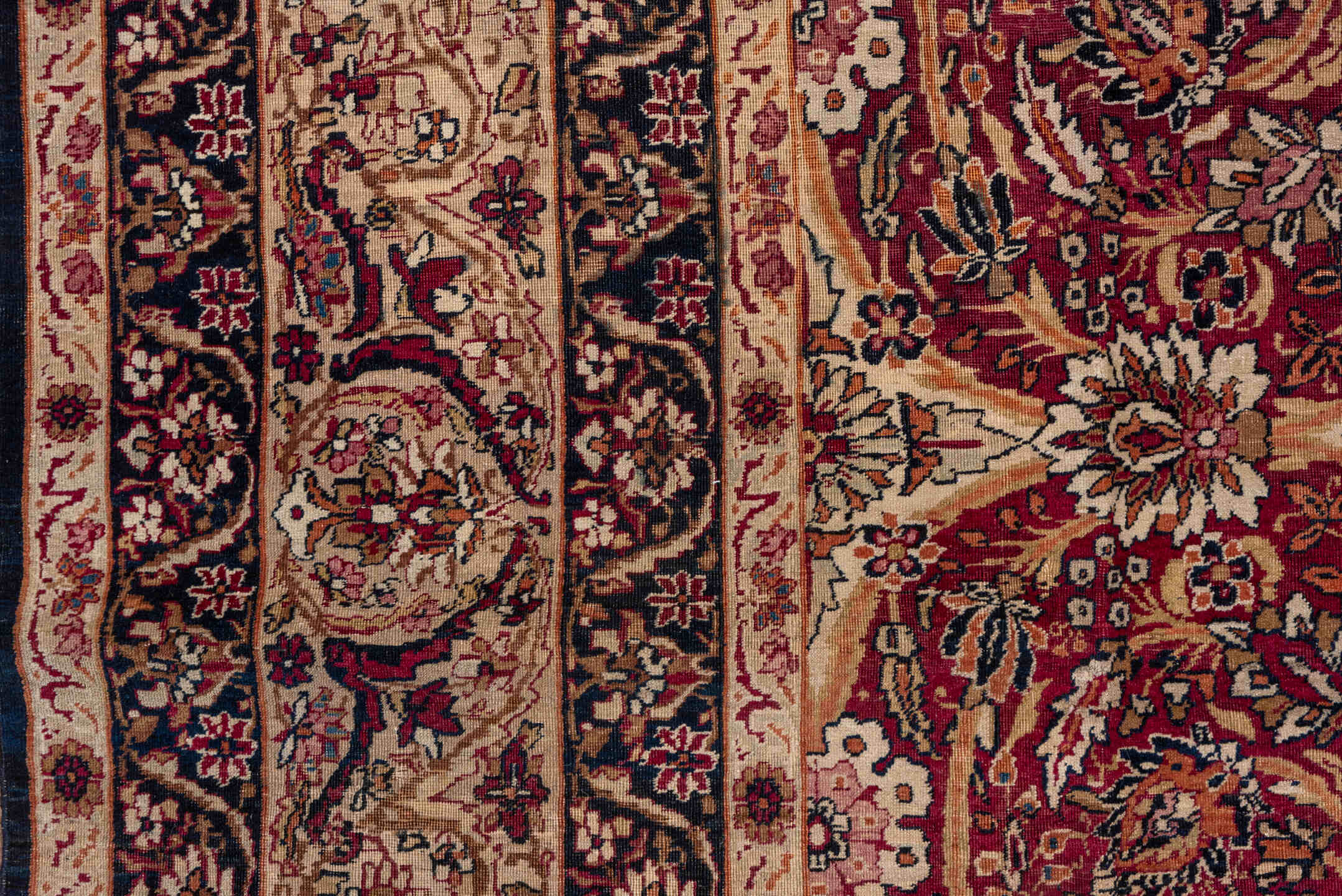 8' x 12' one-of-a-kind handmade antique Lavar large size rug. Color palette: rust, ivory, navy, rose, camel, sienna, slate