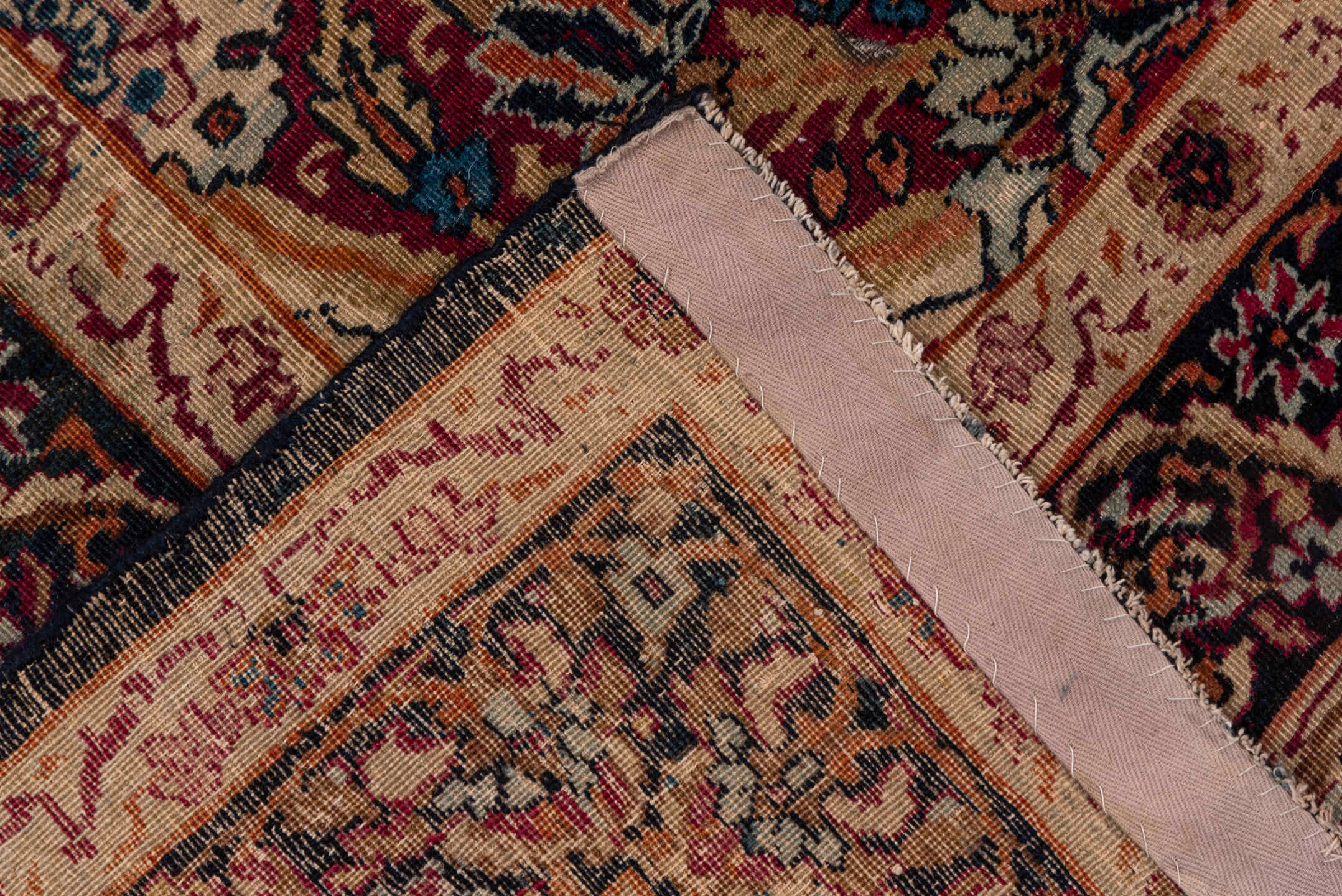 8' x 12' one-of-a-kind handmade antique Lavar large size rug. Color palette: rust, ivory, navy, rose, camel, sienna, slate