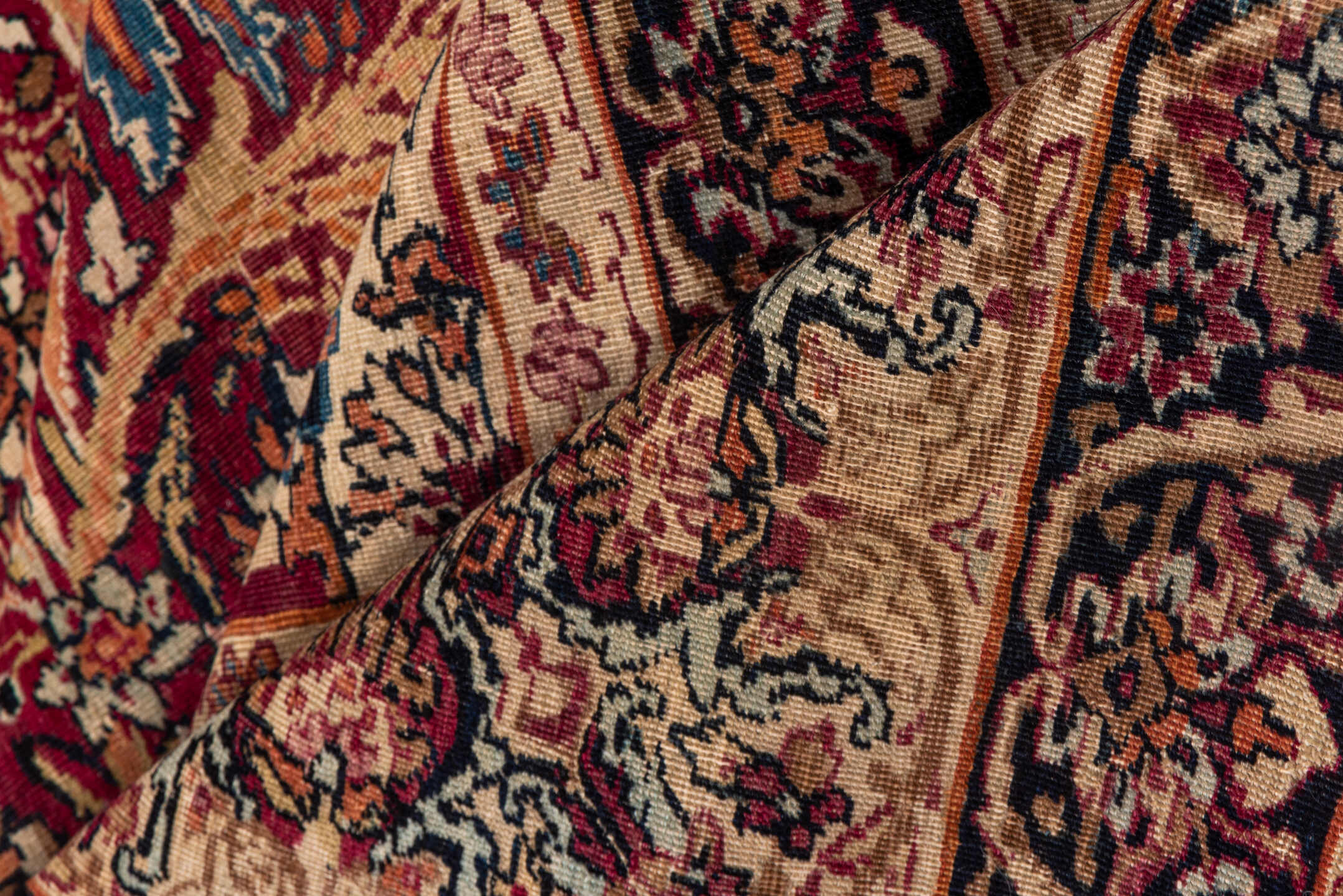 8' x 12' one-of-a-kind handmade antique Lavar large size rug. Color palette: rust, ivory, navy, rose, camel, sienna, slate