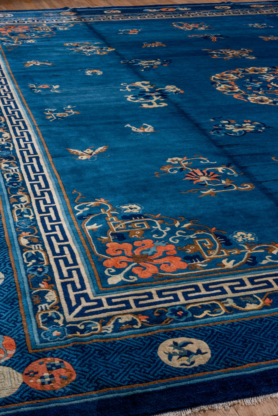 14' x 17' one-of-a-kind handmade vintage Chinese oversize rug. Color palette: blue, brown, dark gray, gray, light gray