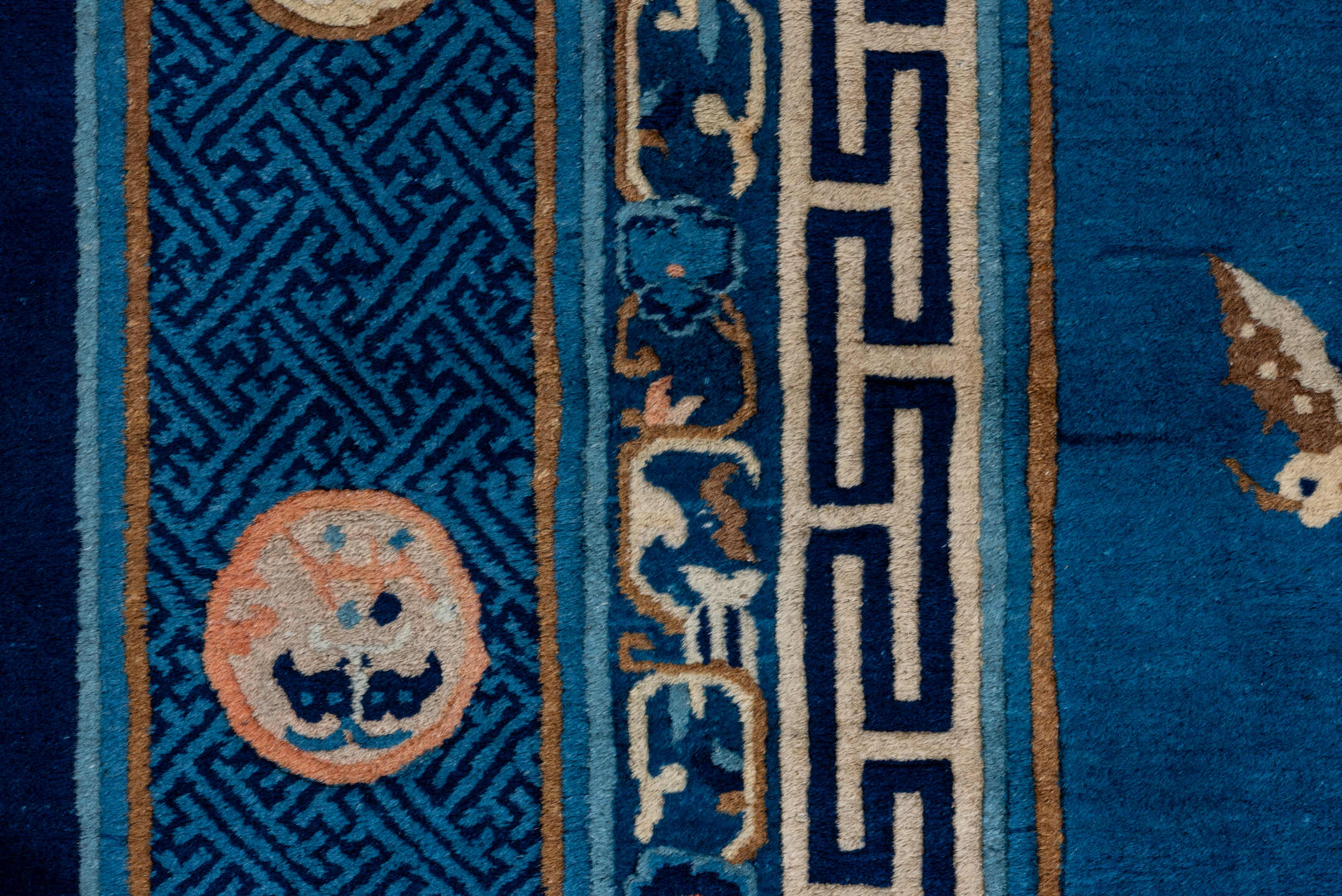 14' x 17' one-of-a-kind handmade vintage Chinese oversize rug. Color palette: blue, brown, dark gray, gray, light gray