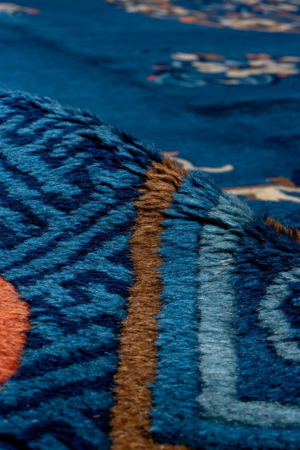 14' x 17' one-of-a-kind handmade antique Chinese oversize rug. Color palette: cobalt, ivory, navy, coral, camel, slate
