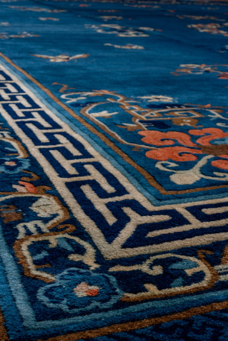 14' x 17' one-of-a-kind handmade antique Chinese oversize rug. Color palette: cobalt, ivory, navy, coral, camel, slate