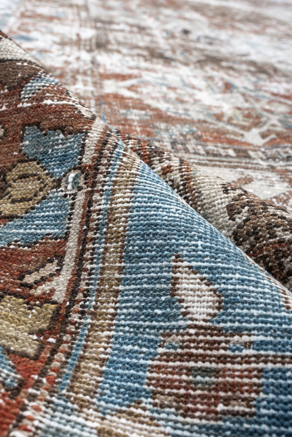 12' x 15' one-of-a-kind handmade antique Baktiary oversize rug. Color palette: sky blue, terracotta, ivory, taupe, slate