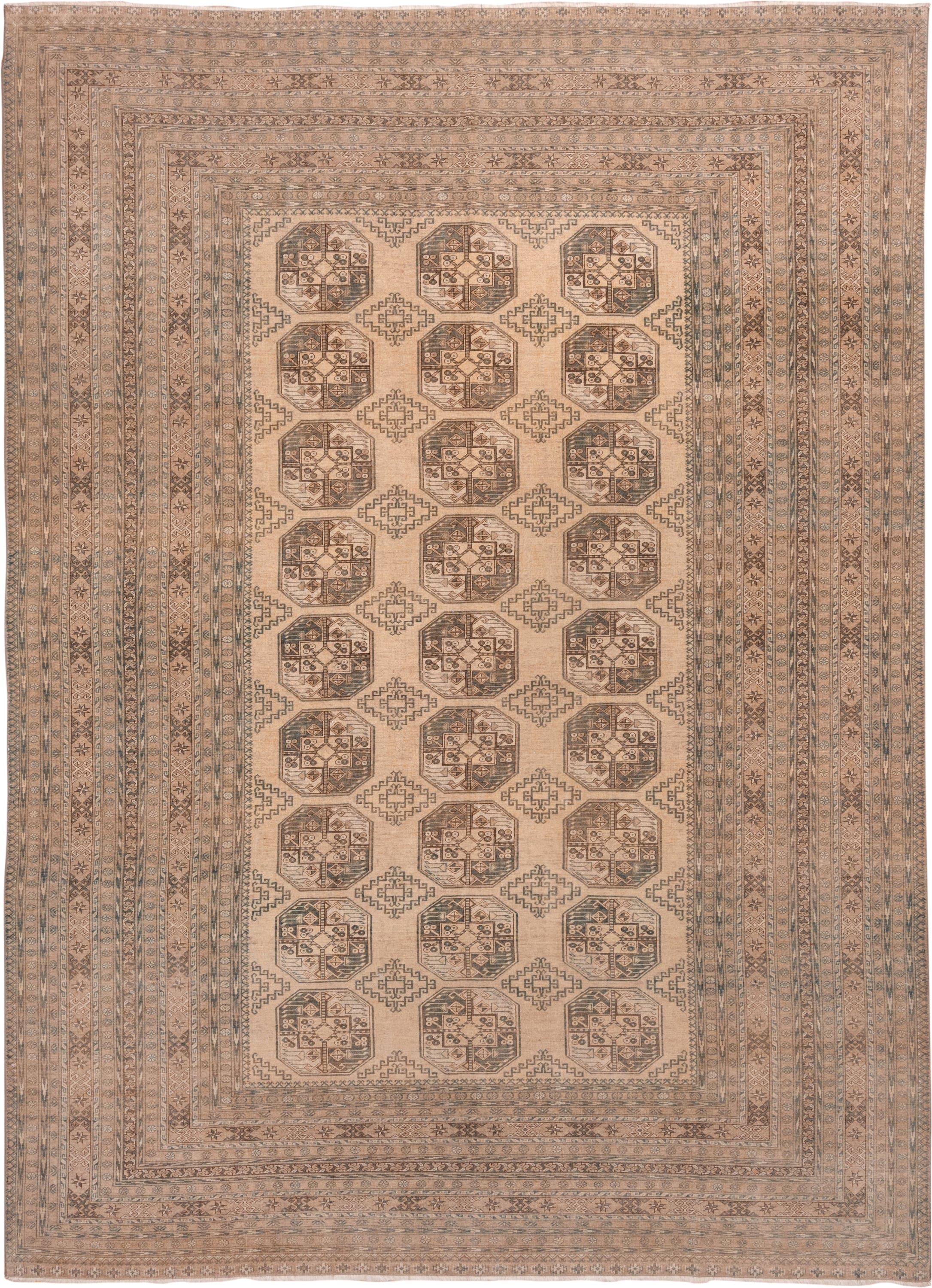 10' x 13' one-of-a-kind handmade vintage Afghan large size rug. Color palette: camel, taupe, brown, ivory, charcoal, beige