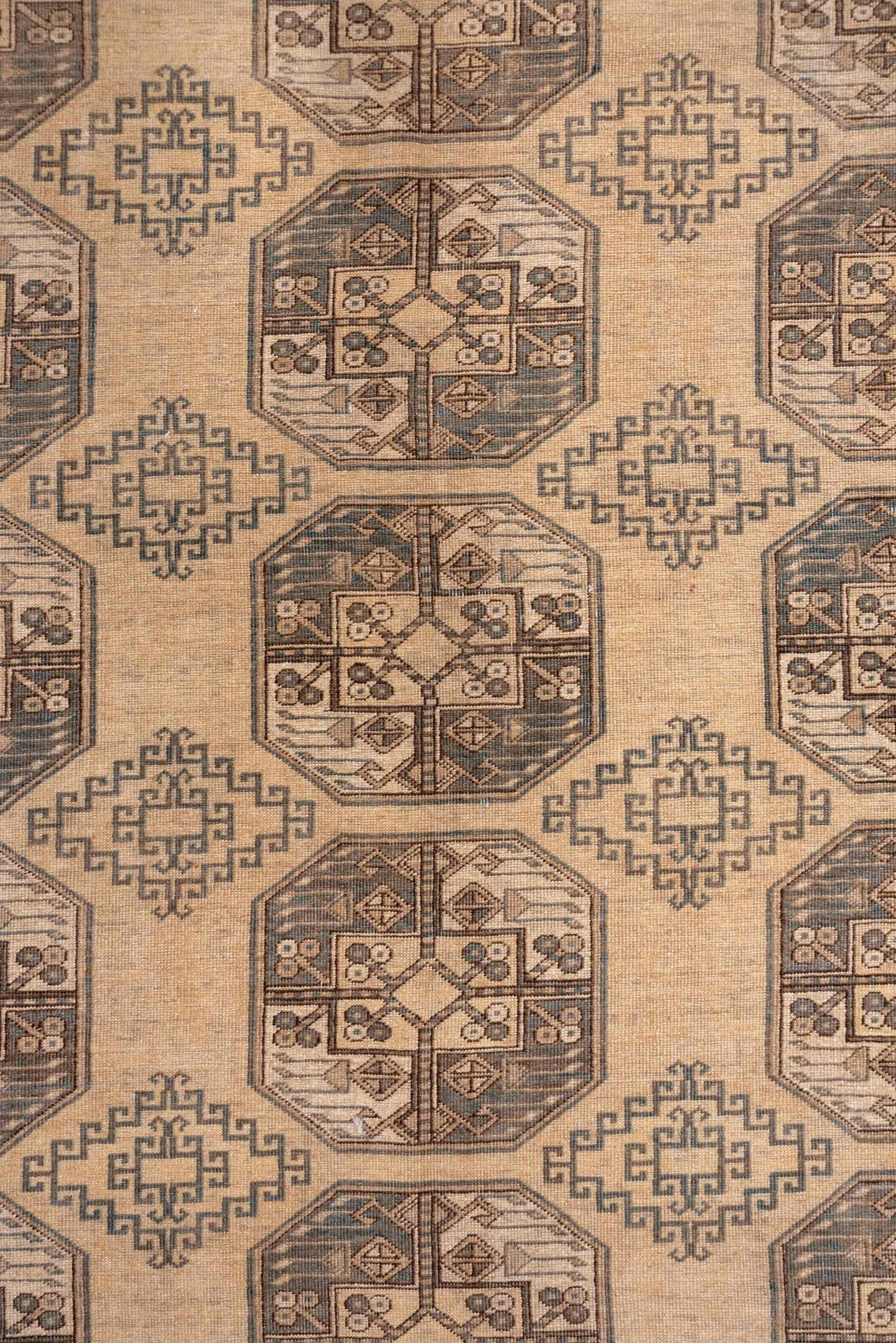 10' x 13' one-of-a-kind handmade vintage Afghan large size rug. Color palette: camel, taupe, brown, ivory, charcoal, beige