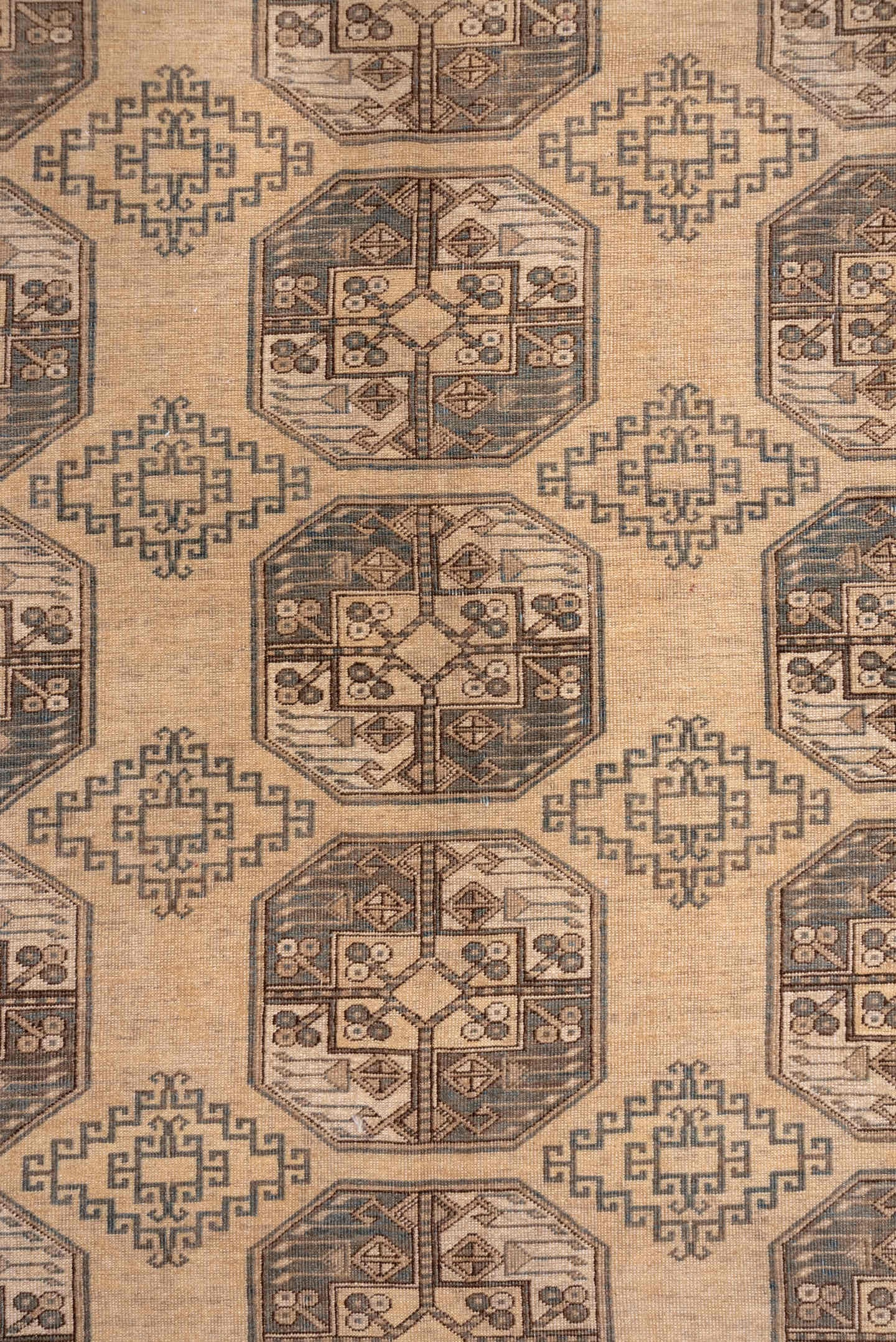 10' x 13' one-of-a-kind handmade vintage Afghan large size rug. Color palette: camel, taupe, brown, ivory, charcoal, beige