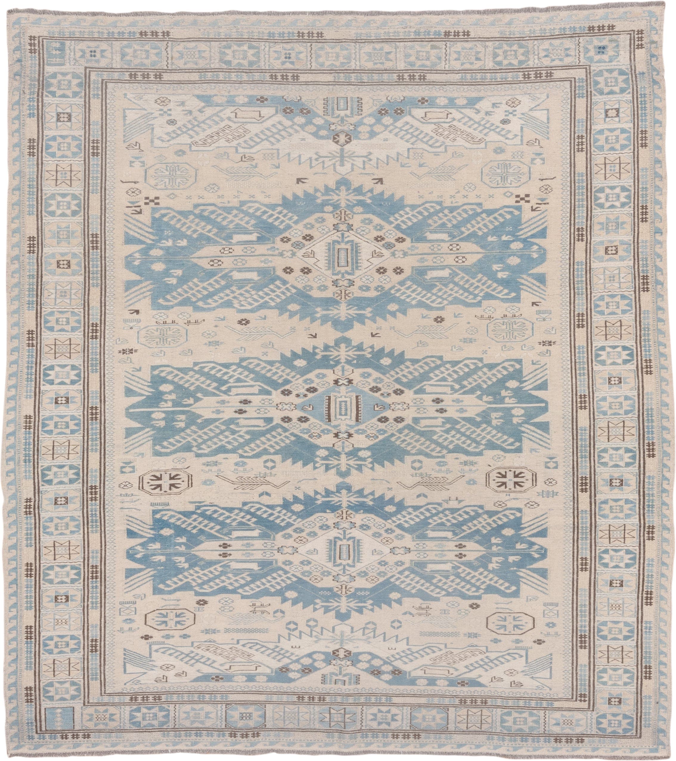 7' x 7' one-of-a-kind handmade vintage Sumak rug. Color palette: ivory, sky blue, taupe, brown, light blue, beige, gray