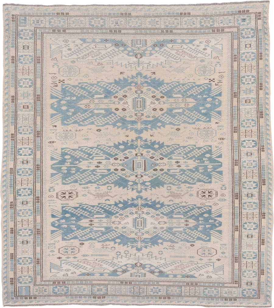 7' x 7' one-of-a-kind handmade vintage Sumak rug. Color palette: ivory, sky blue, taupe, brown, light blue, beige, gray