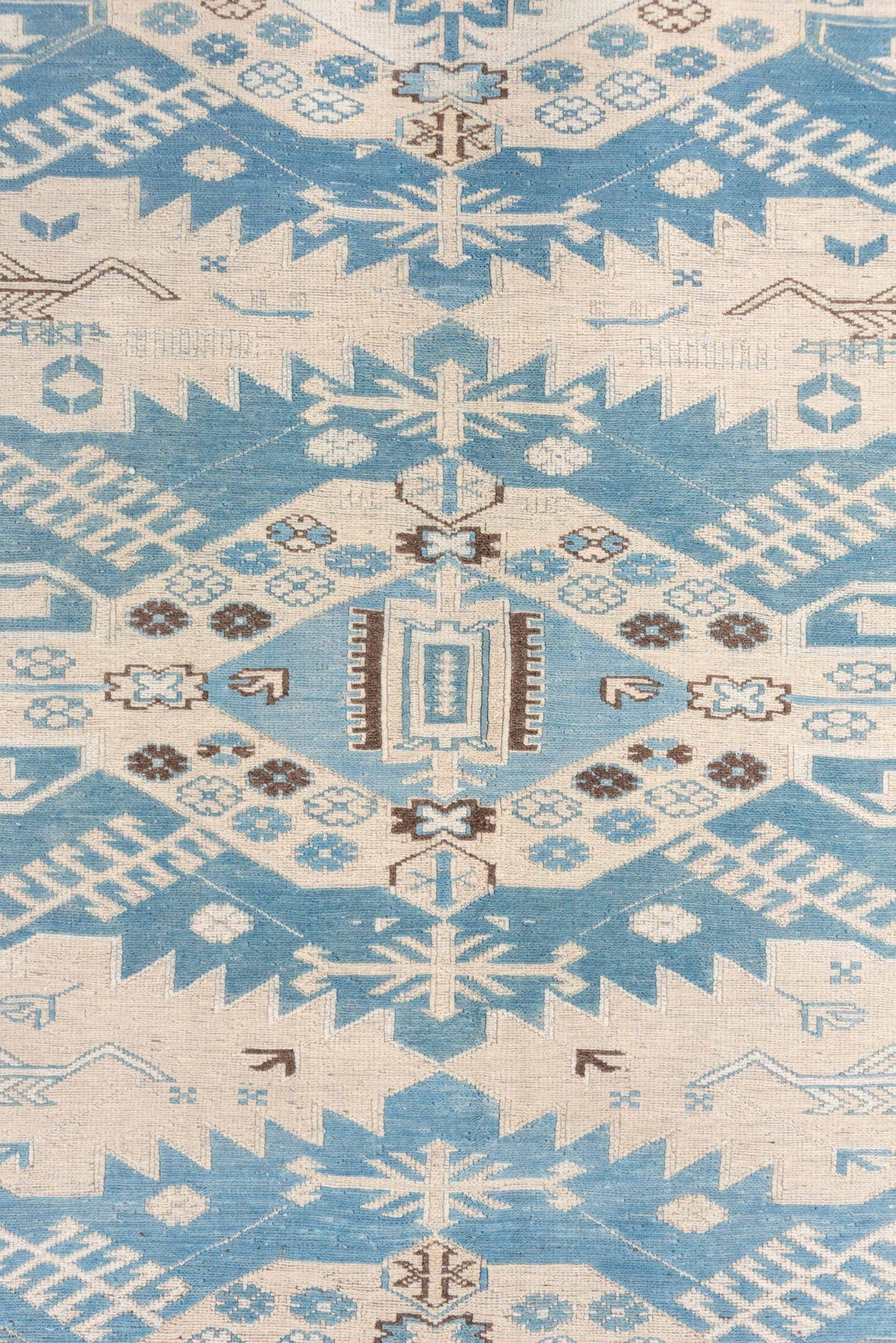 7' x 7' one-of-a-kind handmade vintage Sumak rug. Color palette: ivory, sky blue, taupe, brown, light blue, beige, gray