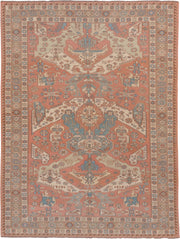 7' x 9' one-of-a-kind handmade vintage Sumak rug. Color palette: salmon, ivory, dusty blue, taupe, rust, beige, pink, blue