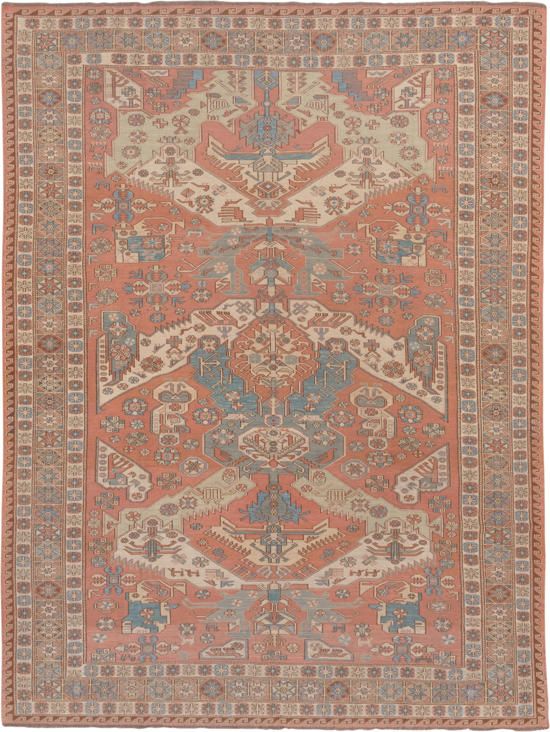 7' x 9' one-of-a-kind handmade vintage Sumak rug. Color palette: salmon, ivory, dusty blue, taupe, rust, beige, pink, blue