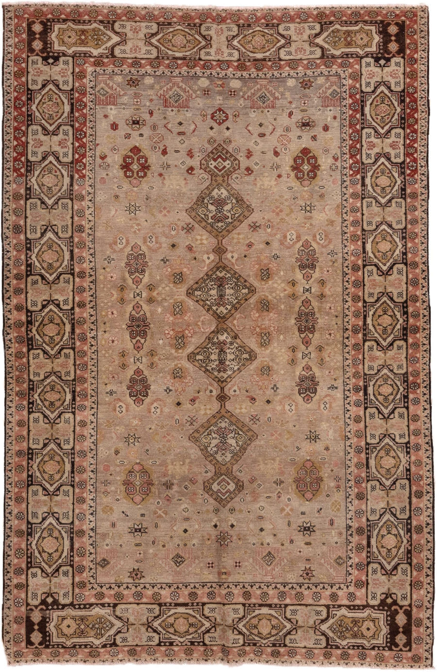 5' x 7' one-of-a-kind handmade vintage Oushak rug. Color palette: beige, rose, taupe, brown, ivory, rust, charcoal, gold
