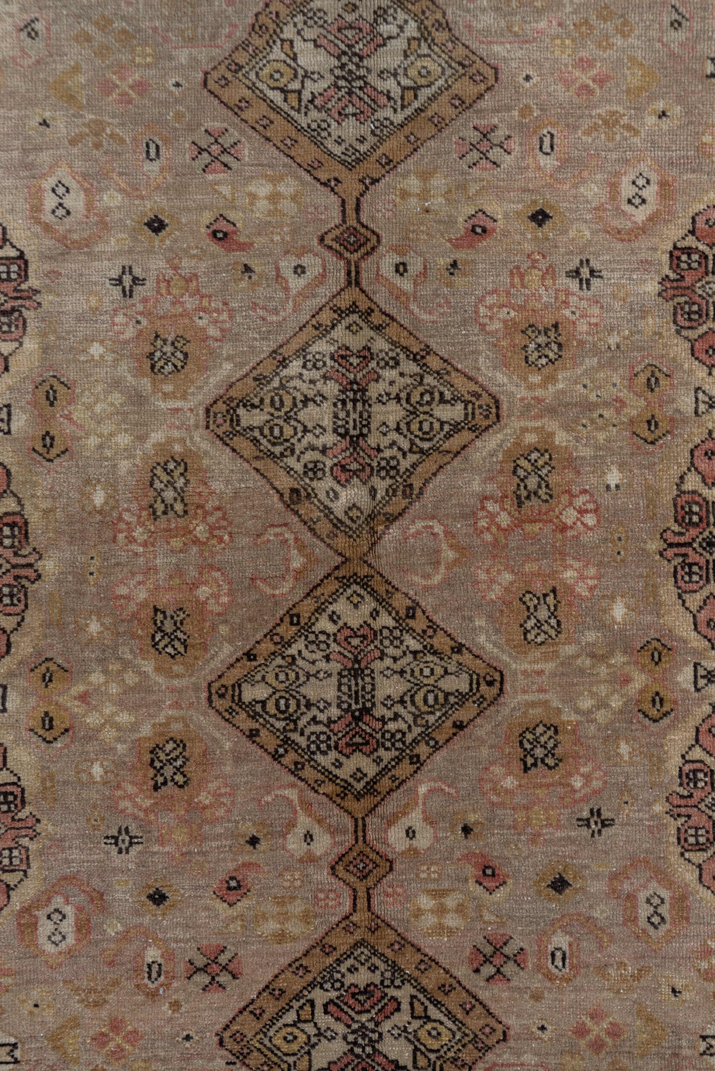 5' x 7' one-of-a-kind handmade vintage Oushak rug. Color palette: beige, rose, taupe, brown, ivory, rust, charcoal, gold