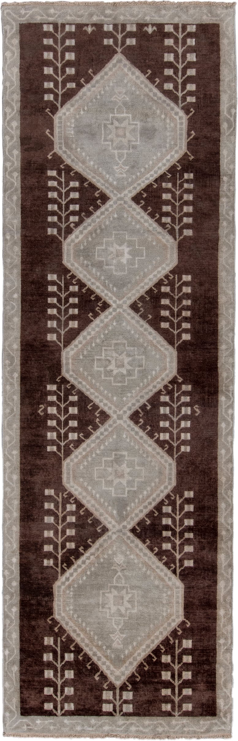 5' x 9' one-of-a-kind handmade vintage Oushak medium size rug. Color palette: brown, taupe, ivory, gray, charcoal, beige