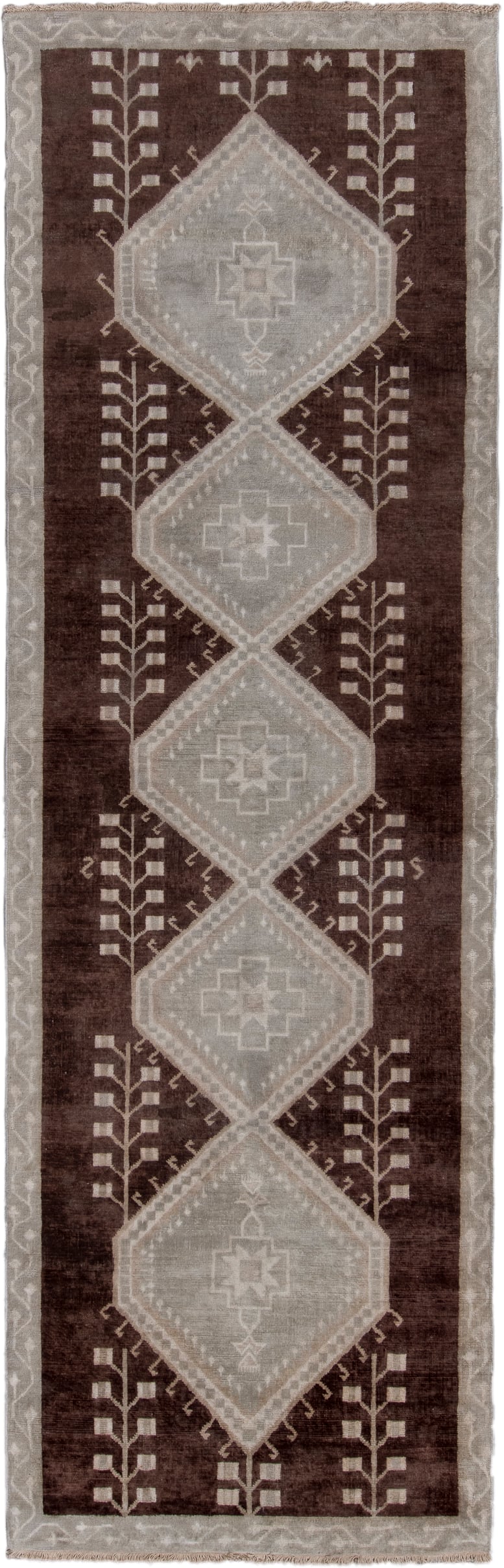 5' x 9' one-of-a-kind handmade vintage Oushak medium size rug. Color palette: brown, taupe, ivory, gray, charcoal, beige