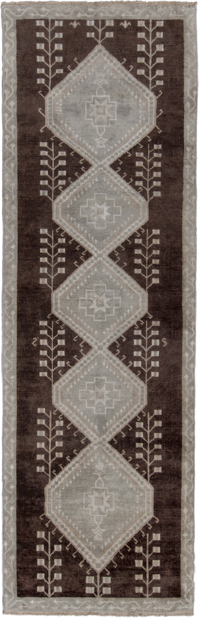 5' x 9' one-of-a-kind handmade vintage Oushak medium size rug. Color palette: brown, taupe, ivory, gray, charcoal, beige