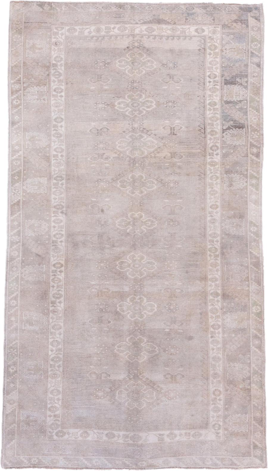 6' x 10' one-of-a-kind handmade vintage Oushak large size rug. Color palette: taupe, ivory, beige, blush, stone, greige