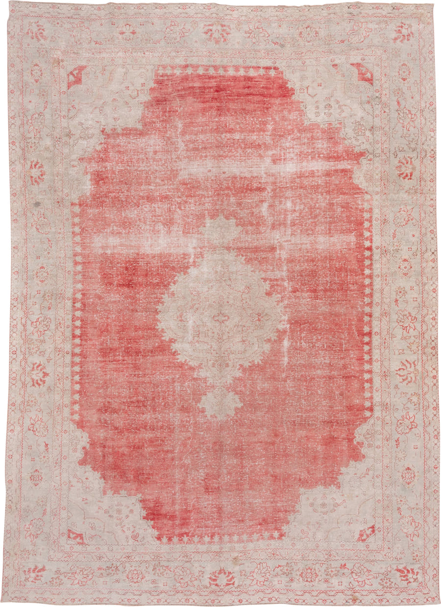 10' x 14' one-of-a-kind handmade vintage Oushak large size rug. Color palette: coral, ivory, blush, rose, taupe, terracotta